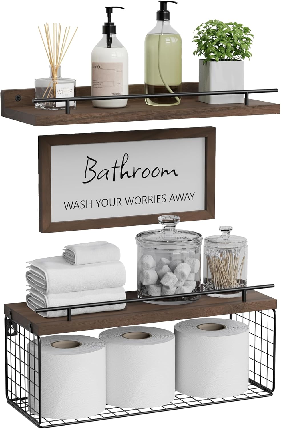 WOPITUES Floating Shelves Over Toilet with Basket and Guardrail - Rustic Brown