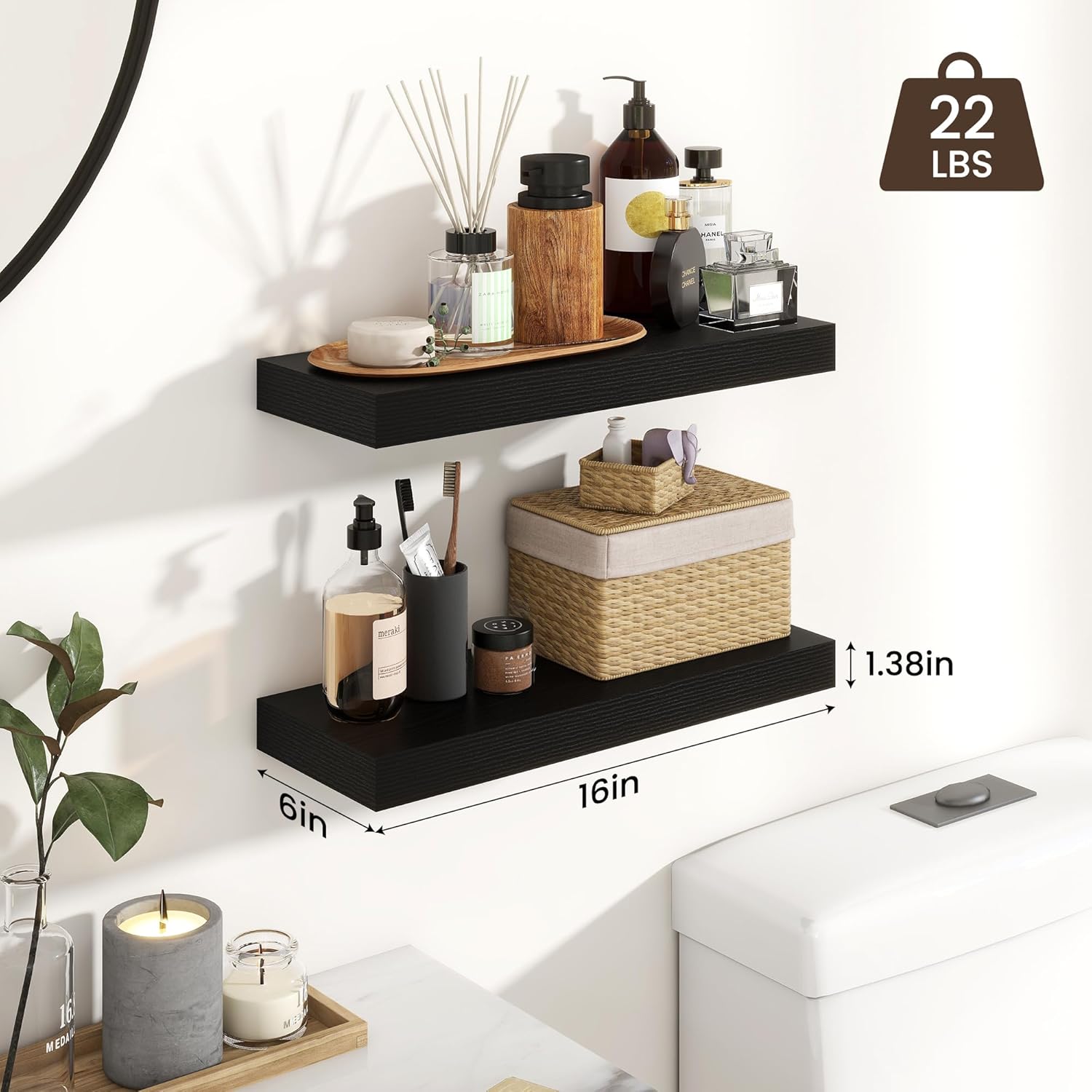Heimlove 16 inch Black Floating Shelves Set of 2