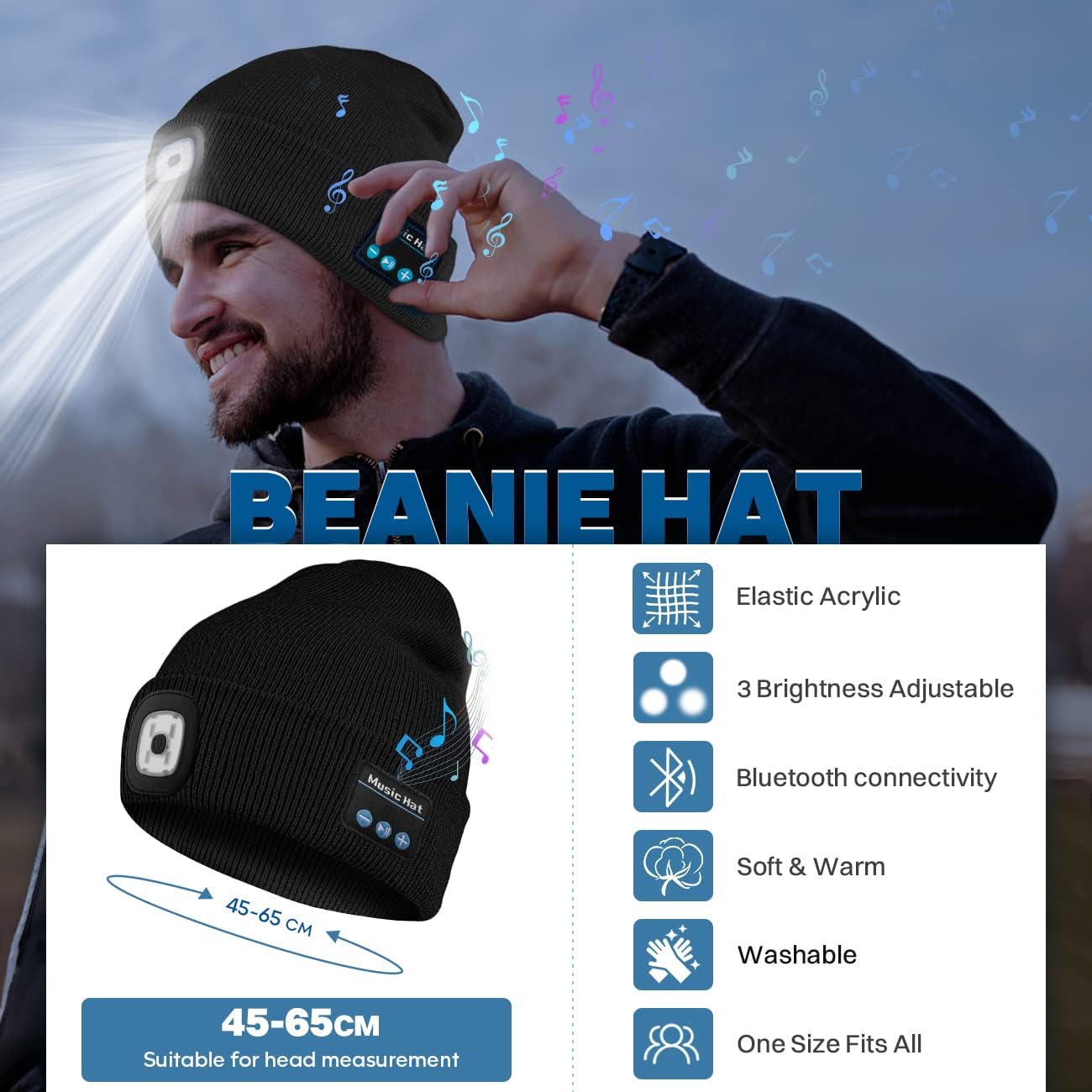 Bosttor Bluetooth Beanie Hat with LED Light