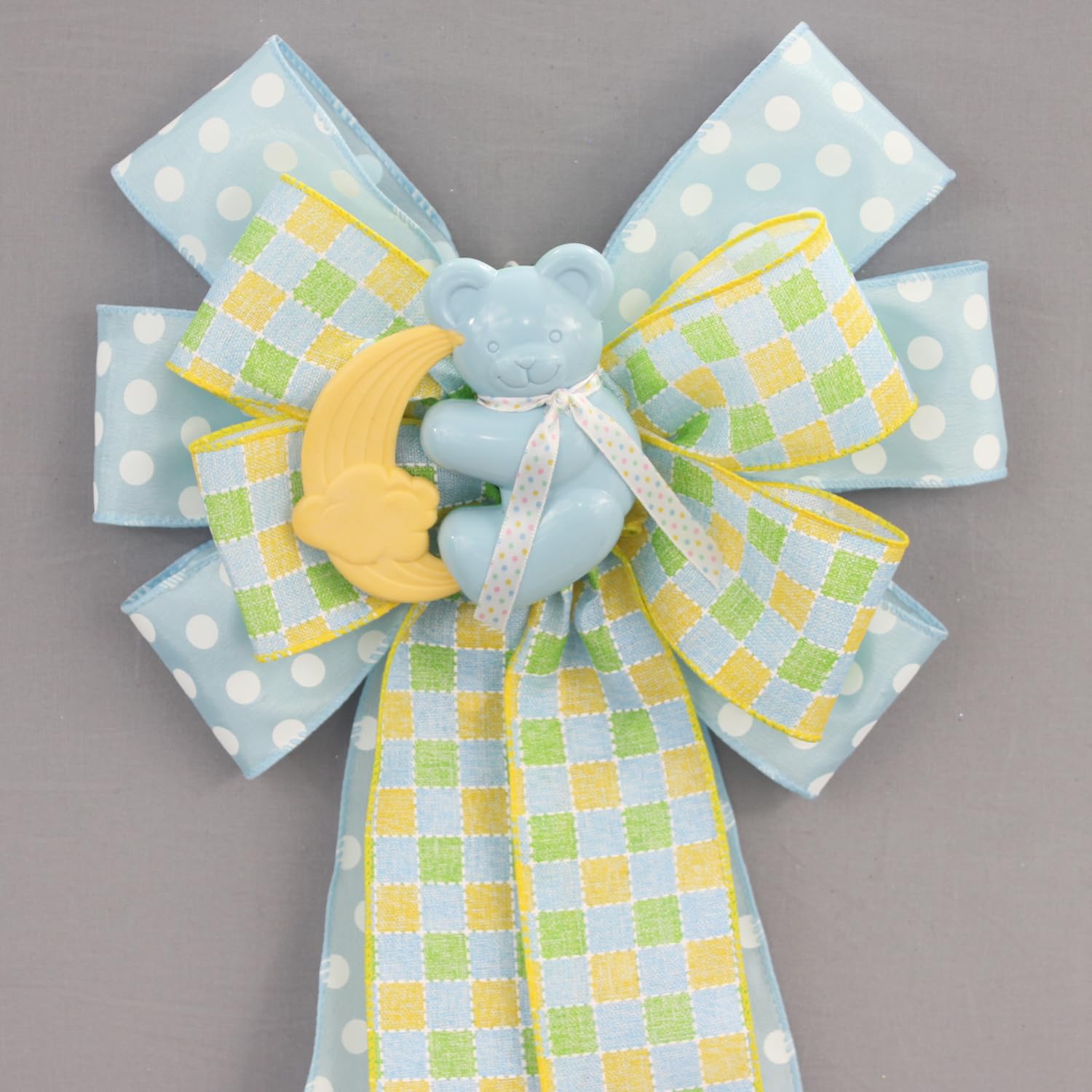 Blue Bear Rattle Dot Plaid Baby Shower Wreath Bow 1