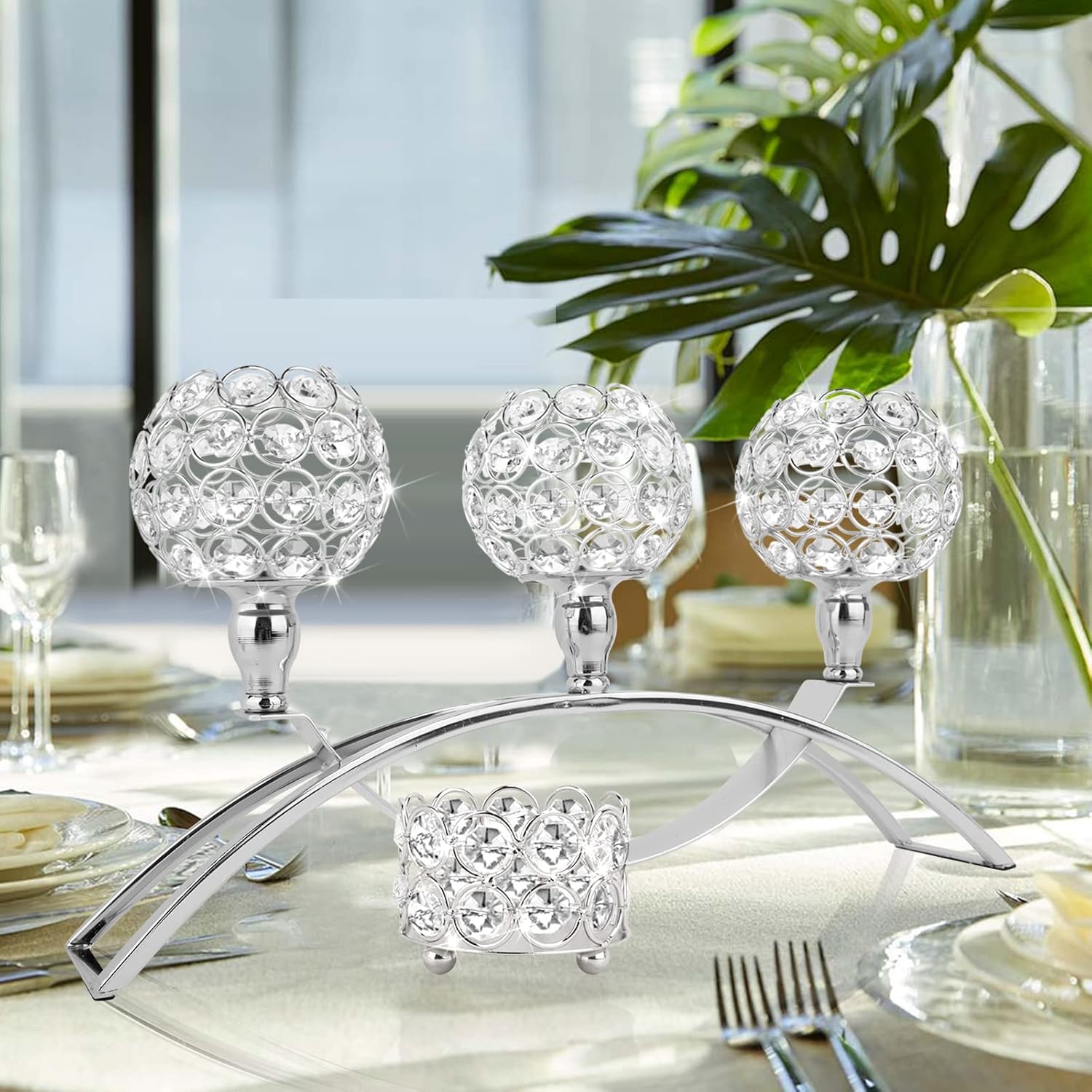 TISLYCO 3 Arms Crystal Candle Holders Silver