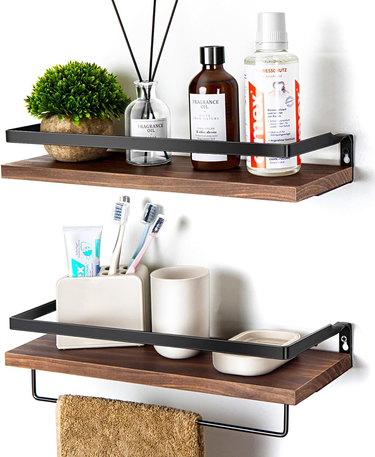 Floating Shelves with Towel Bar Set of 2 Brown 1