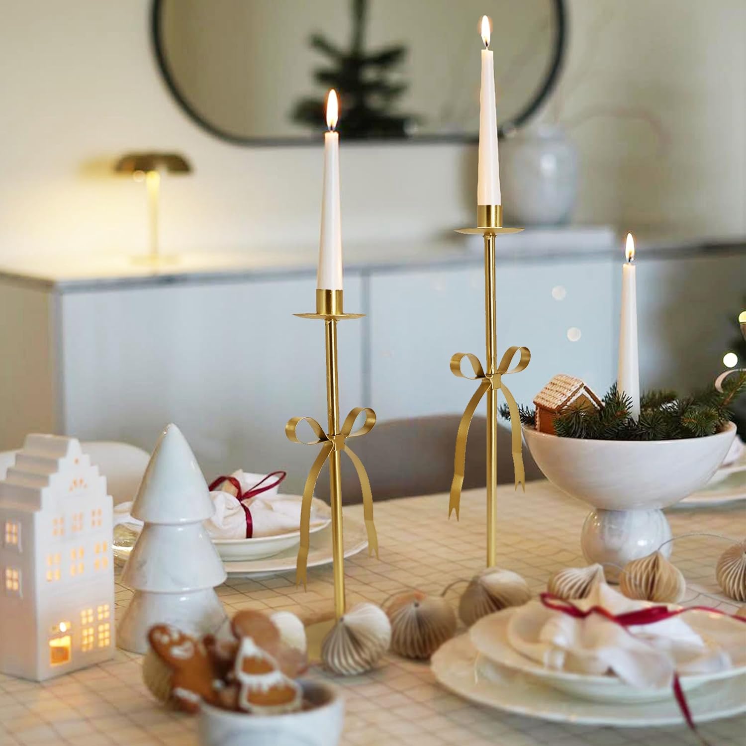 Remenna Bow Taper Candle Holders Set of 2 Gold