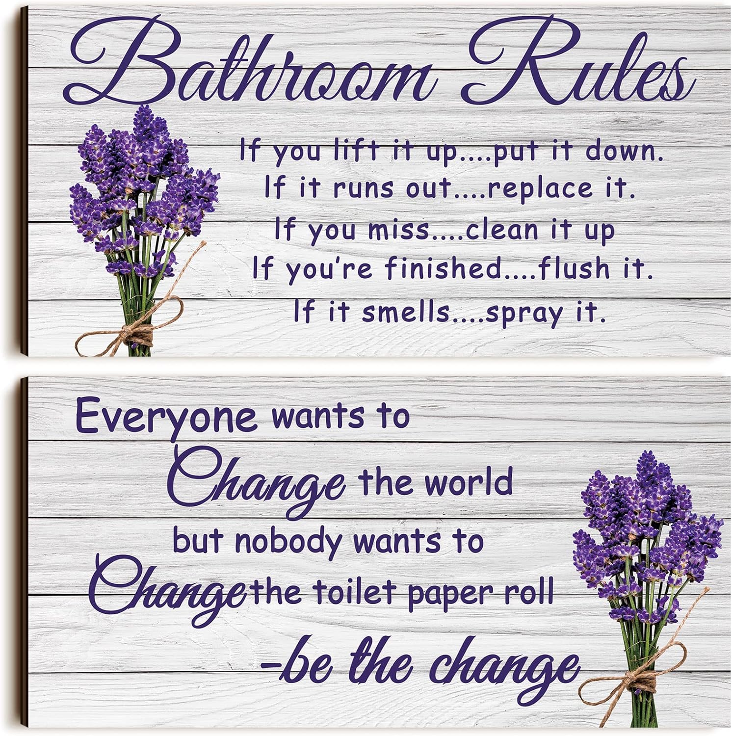 Jetec 2 Pieces Lavender Farmhouse Wooden Bathroom Signs