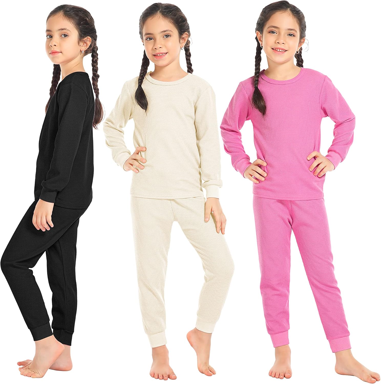 Resinta 3 Sets Girl Waffle Thermal Underwear Winter Warm Base Layer Set