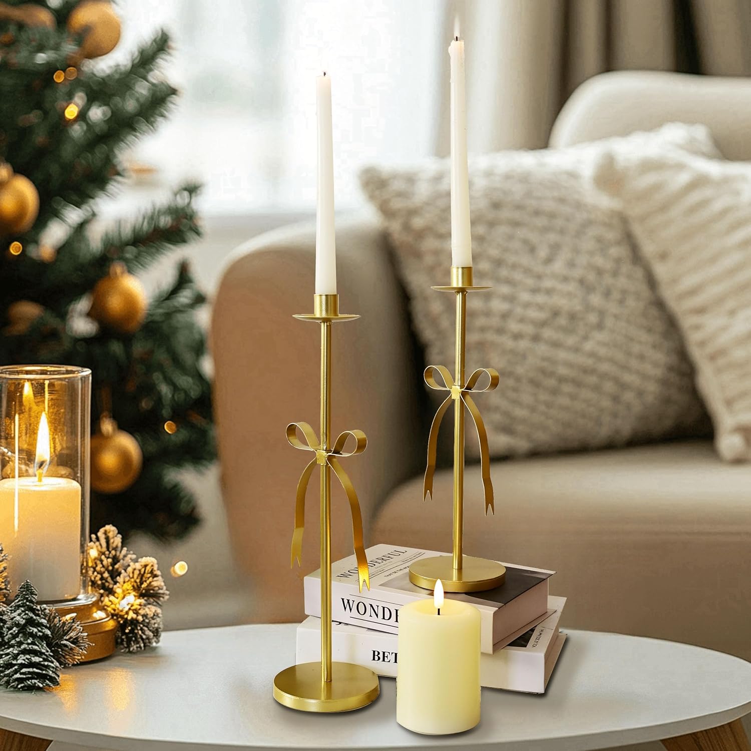 Remenna Bow Taper Candle Holders Set of 2 Gold