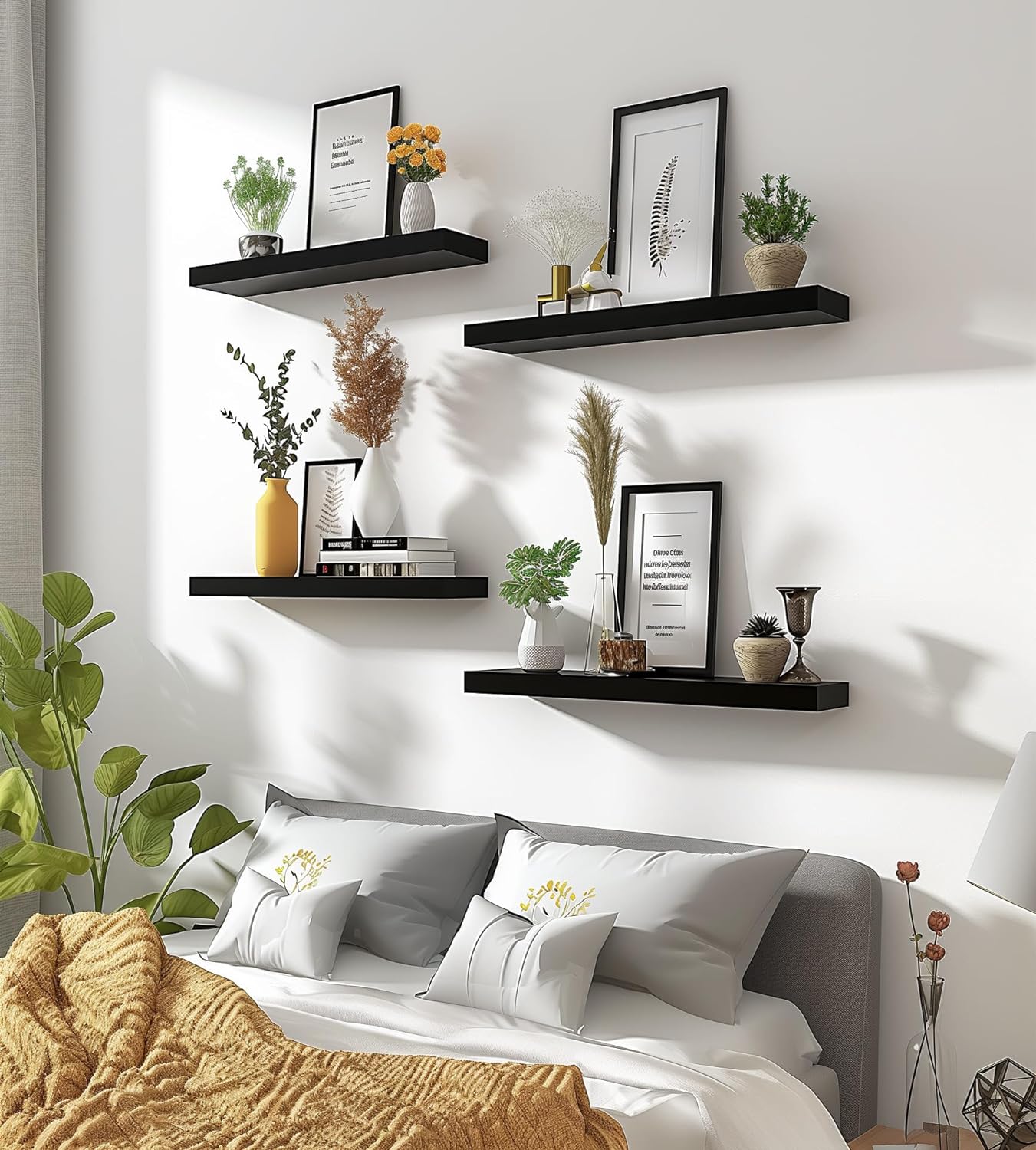 Wood Floating Shelves Set of 6 Black