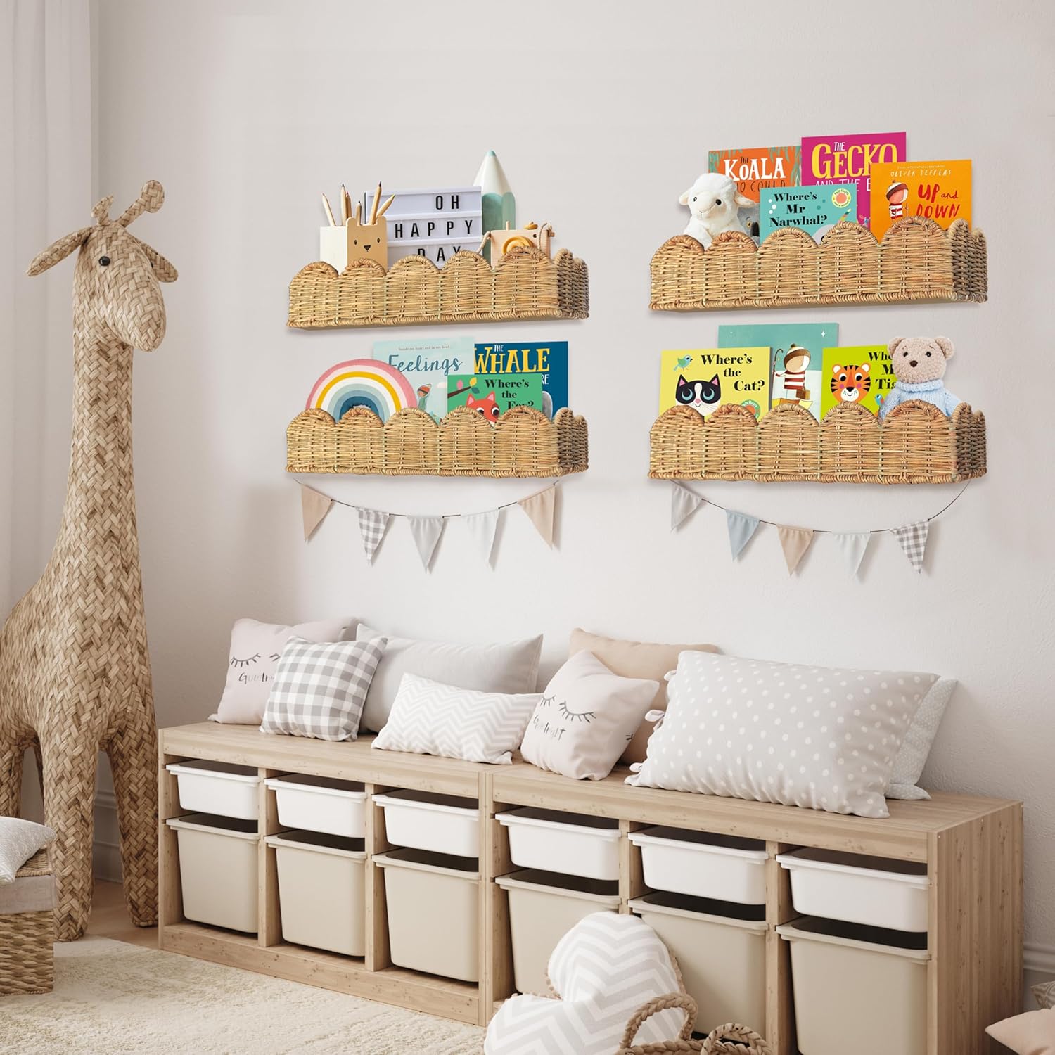 VIVIKA Floating Rattan Bookshelves Set of 2 for Kids Rooms