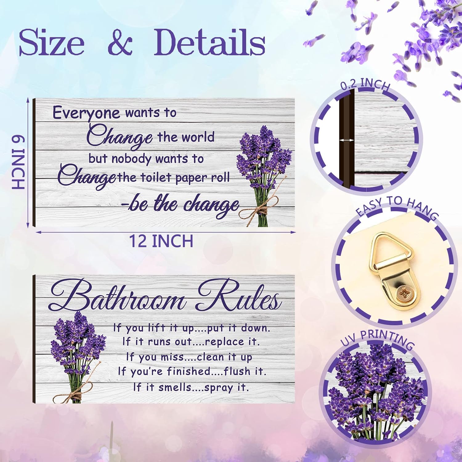 Jetec 2 Pieces Lavender Farmhouse Wooden Bathroom Signs