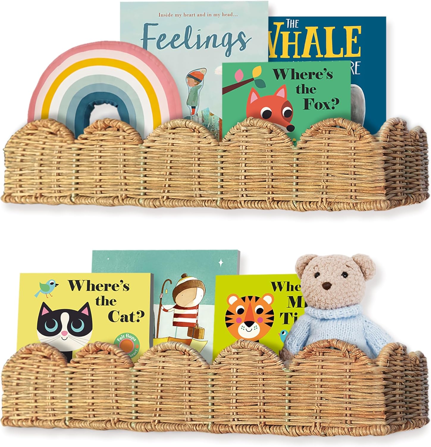 VIVIKA Floating Rattan Bookshelves Set of 2 for Kids Rooms