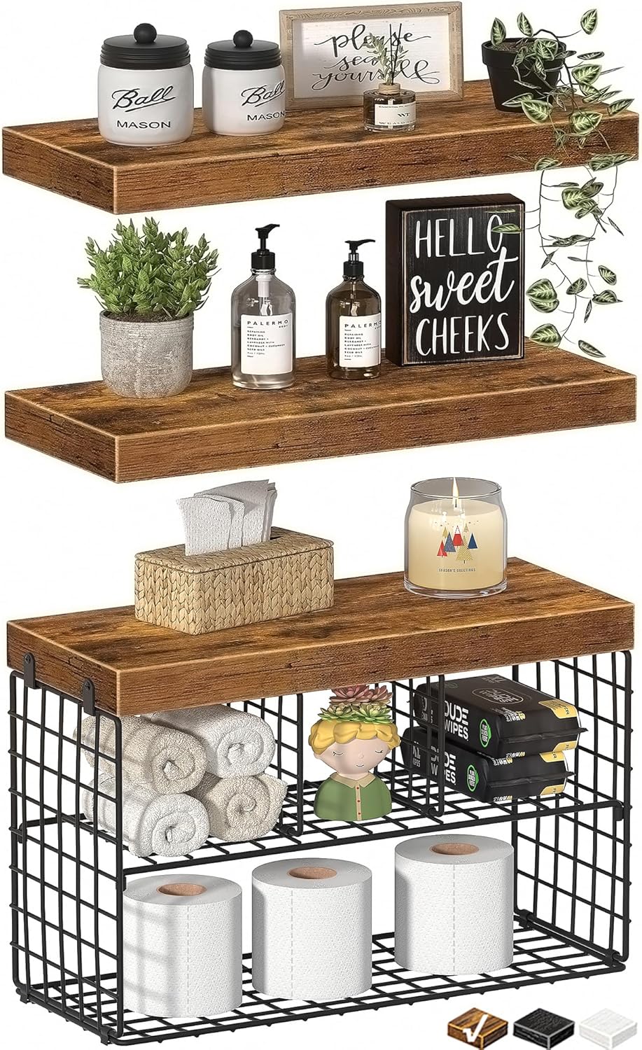 KLUVIS Floating Shelves Set of 3 Rustic Brown 1