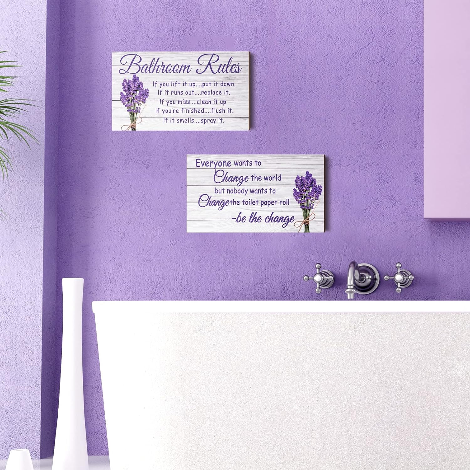 Jetec 2 Pieces Lavender Farmhouse Wooden Bathroom Signs