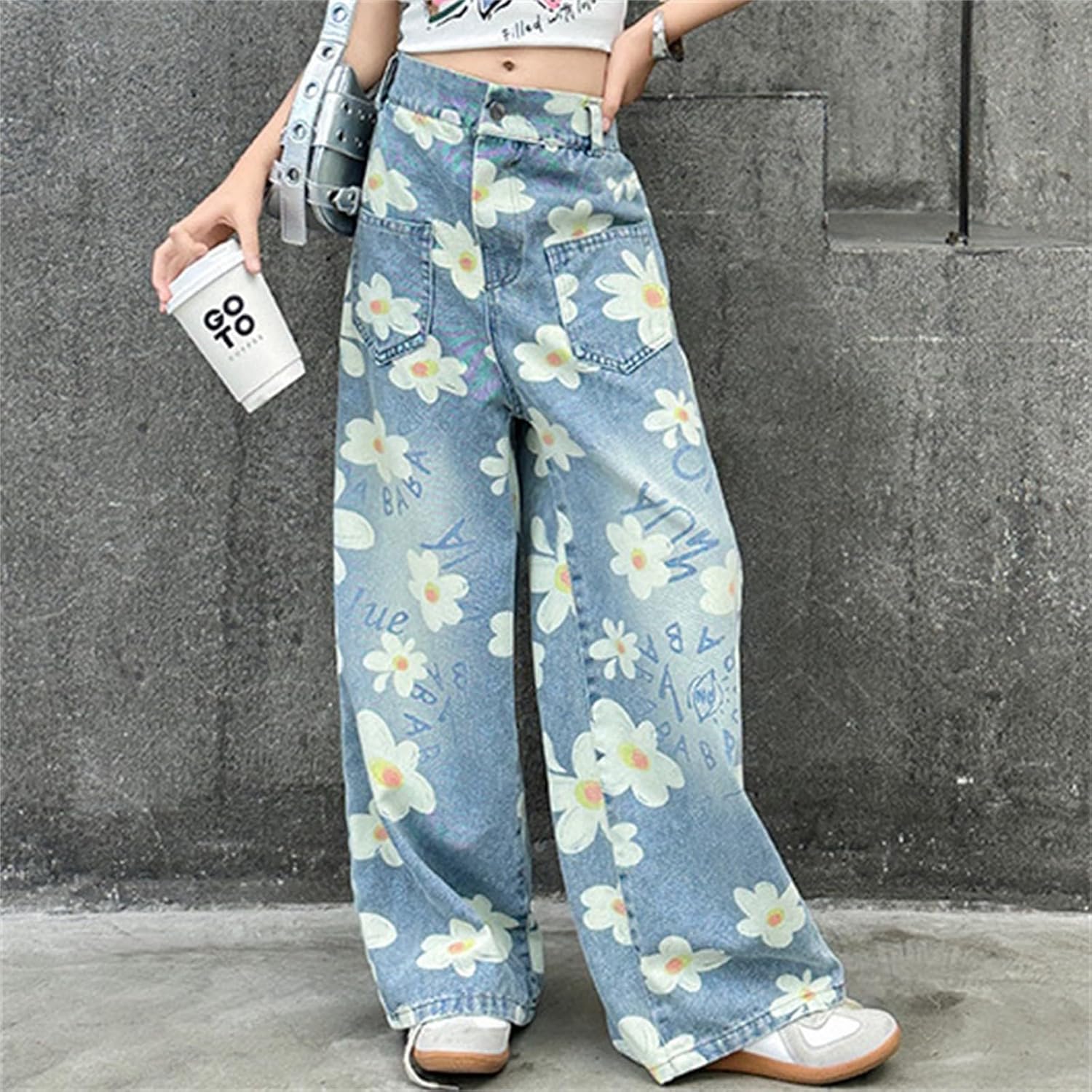Girls Wide Leg Denim Pants with Pockets and Elastic Waist 1