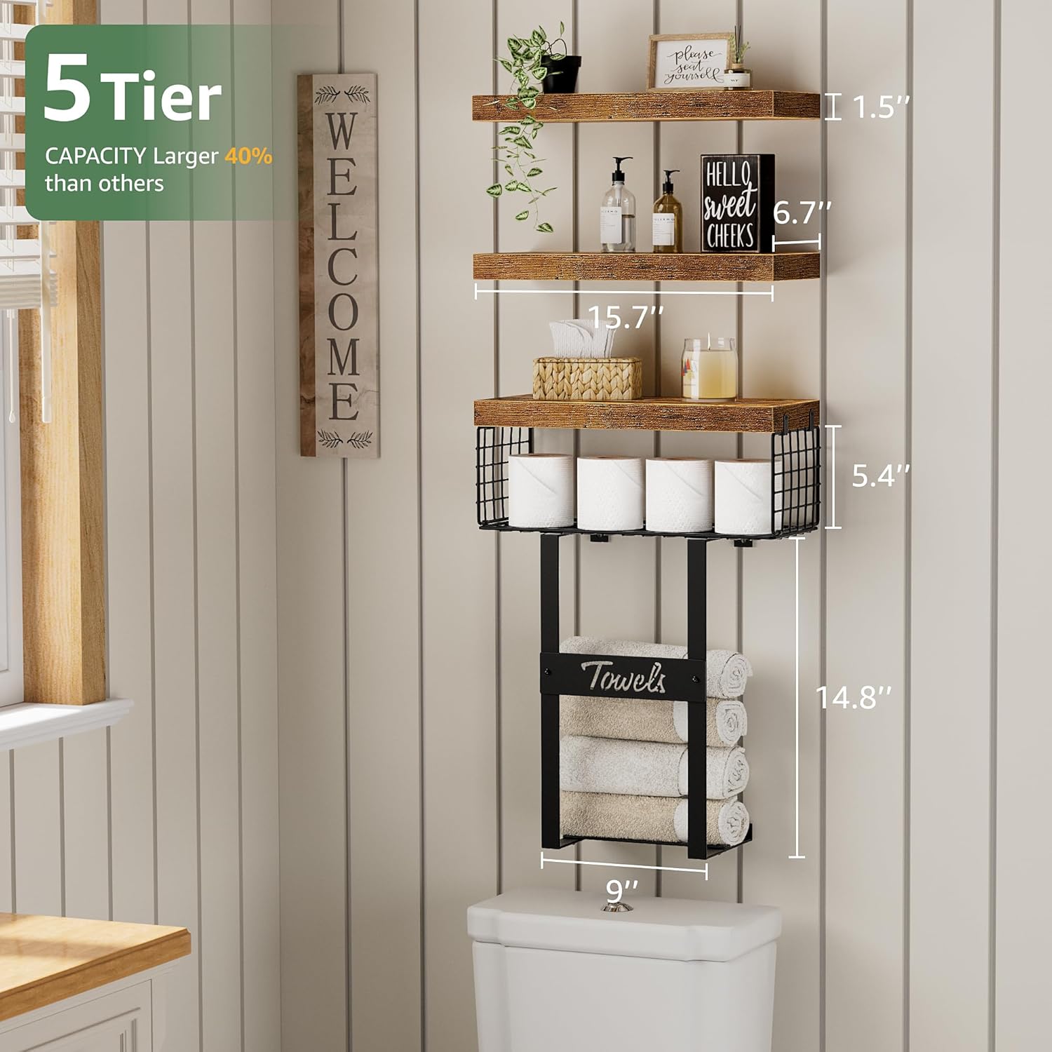 KLUVIS Floating Shelf Over Toilet Set of 3 Rustic Brown 1