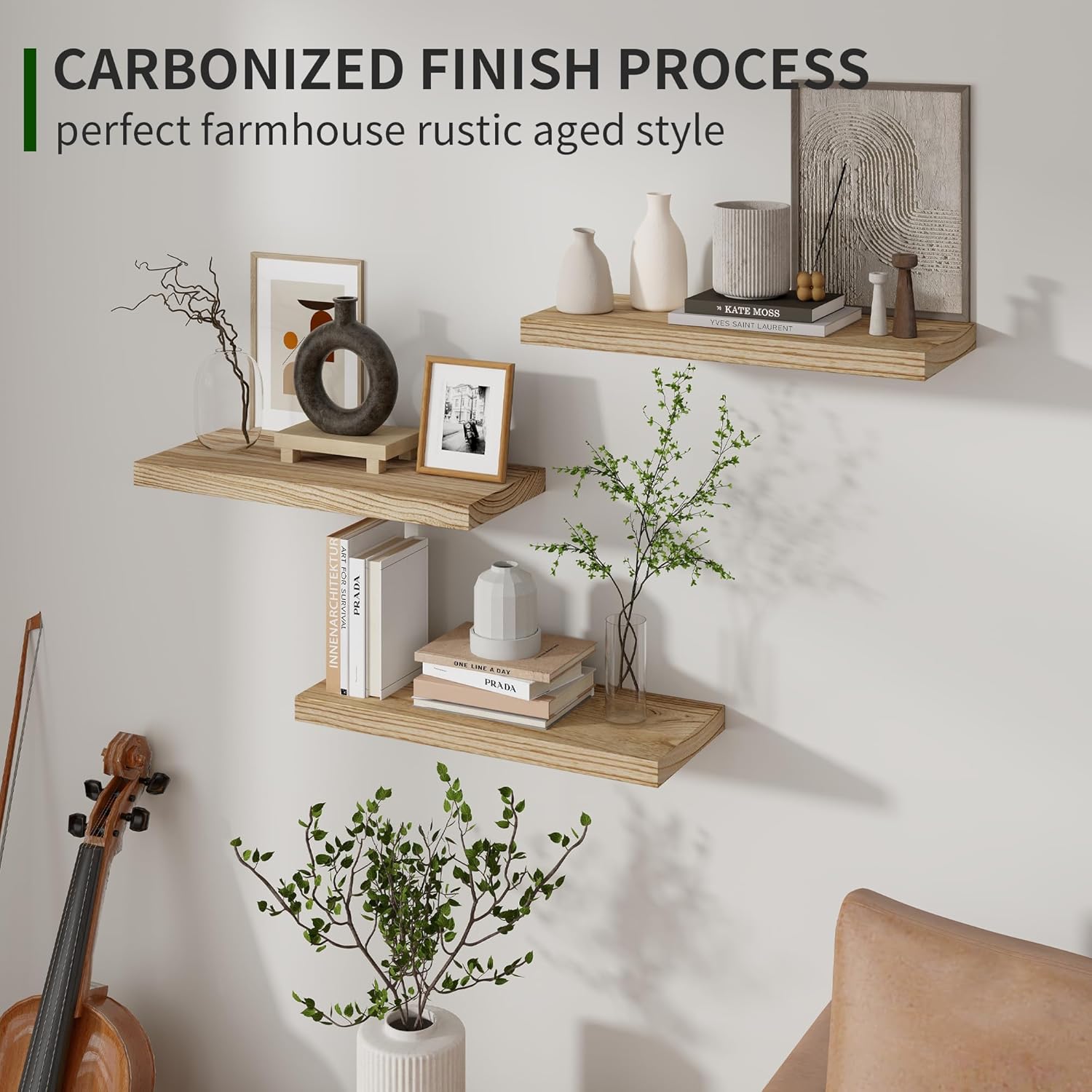Marsmiles Wood Floating Shelves Set of 3 17 Inch Wide Rustic Carbonized Black