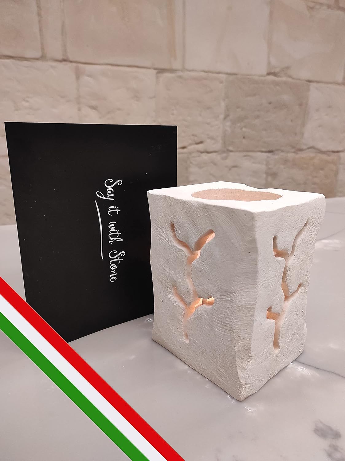 Handmade Tree Stone Candle Holder LED Lantern - Gift Box Included
