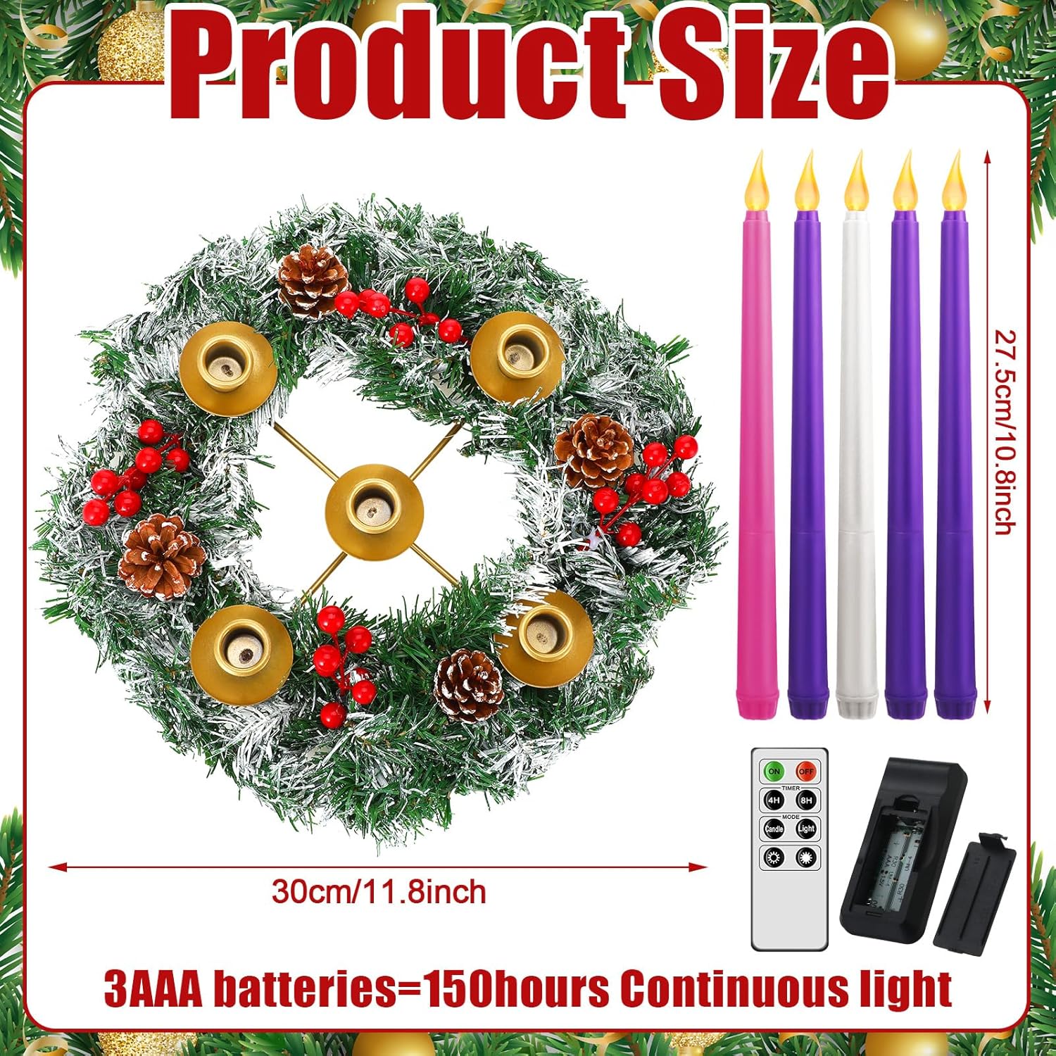 Tioncy 12 Inch Christmas Advent Wreath with 5 Flameless Candles 1