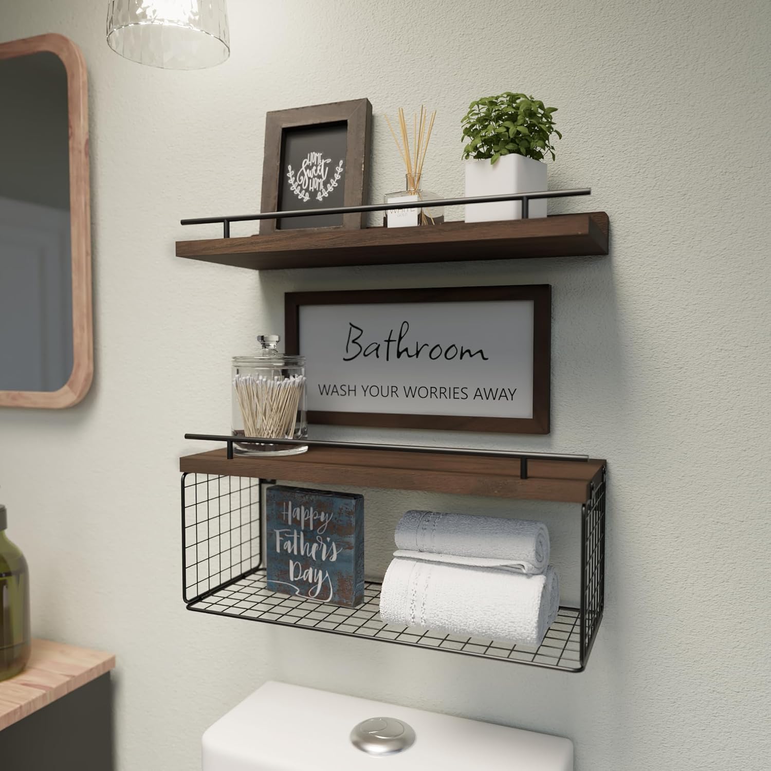 WOPITUES Floating Shelves Over Toilet with Basket and Guardrail - Rustic Brown