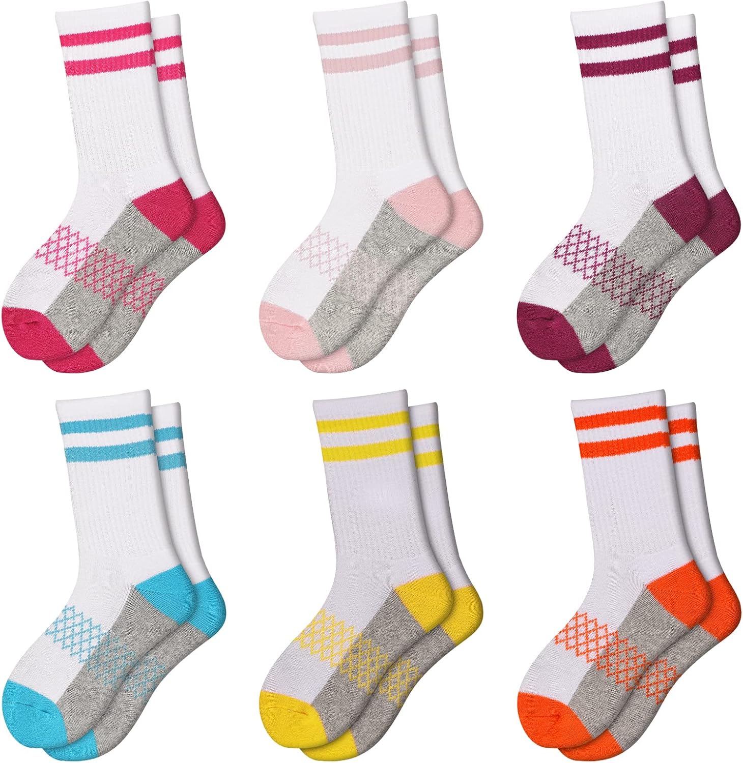 Comfoex Girls 6 Pair Athletic Half Cushioned Calf Socks