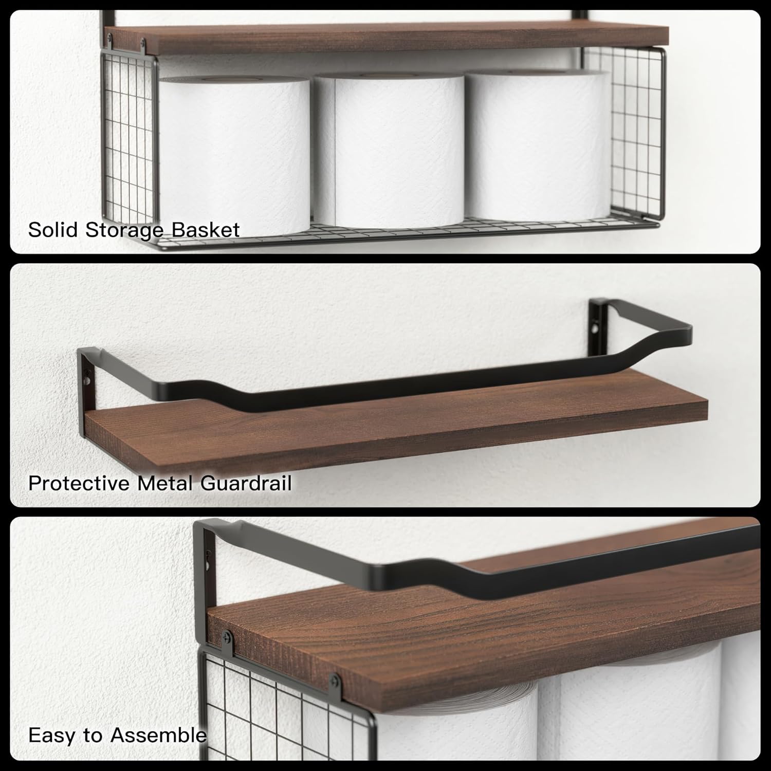 WOPITUES Floating Shelves with Wire Basket and Guardrail - Dark Brown