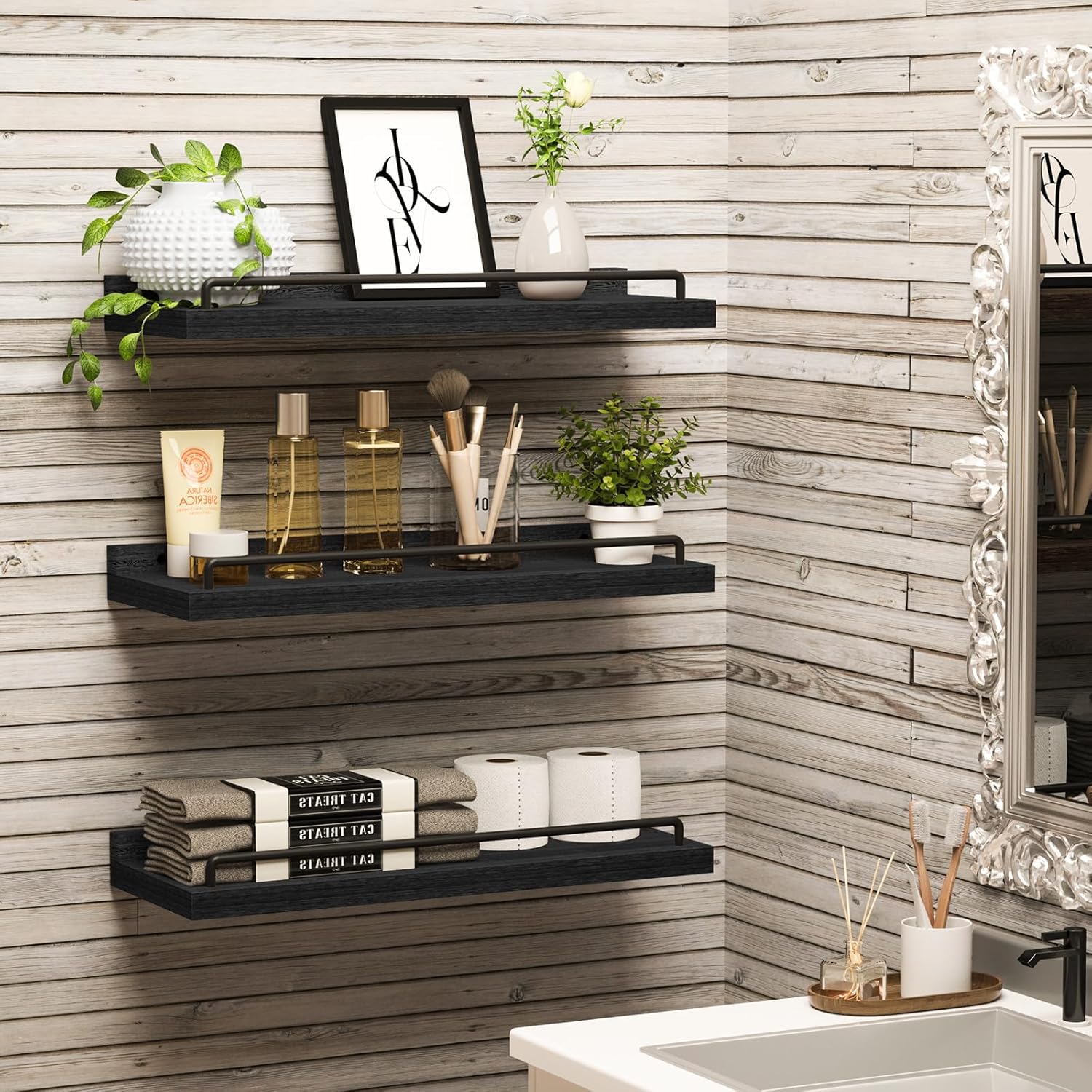 Floating Shelves for Wall Decor Black Set of 3