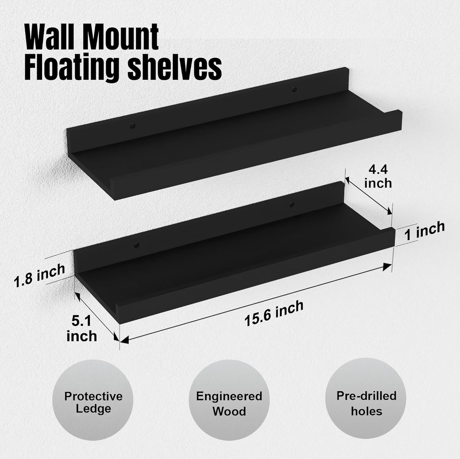Boswillon Floating Shelves Set of 2 Modern Black Wall Shelves with Lip 1