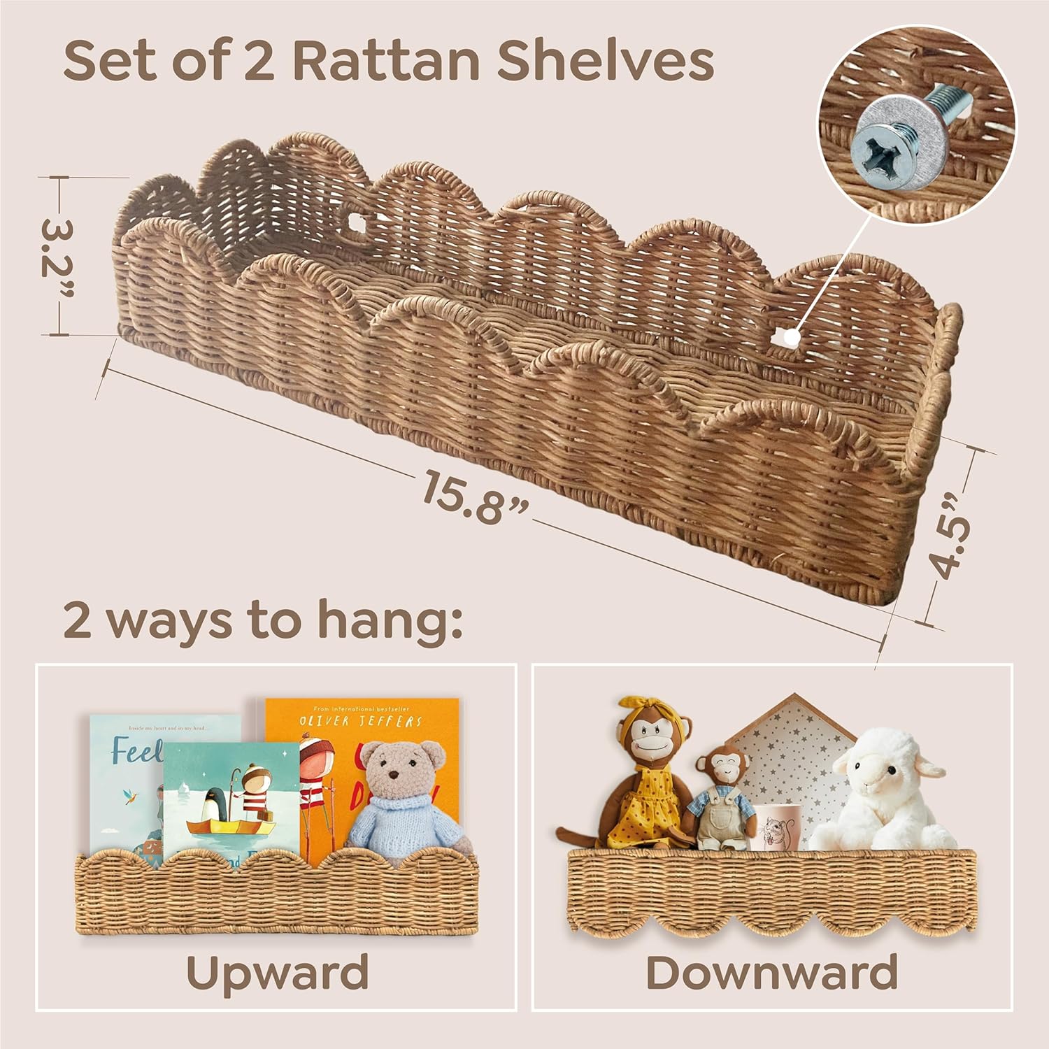 VIVIKA Floating Rattan Bookshelves Set of 2 for Kids Rooms