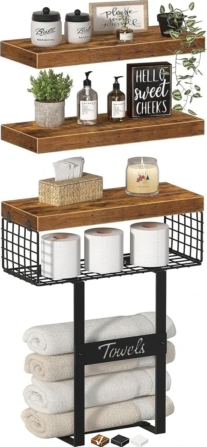 KLUVIS Floating Shelf Over Toilet Set of 3 Rustic Brown 1