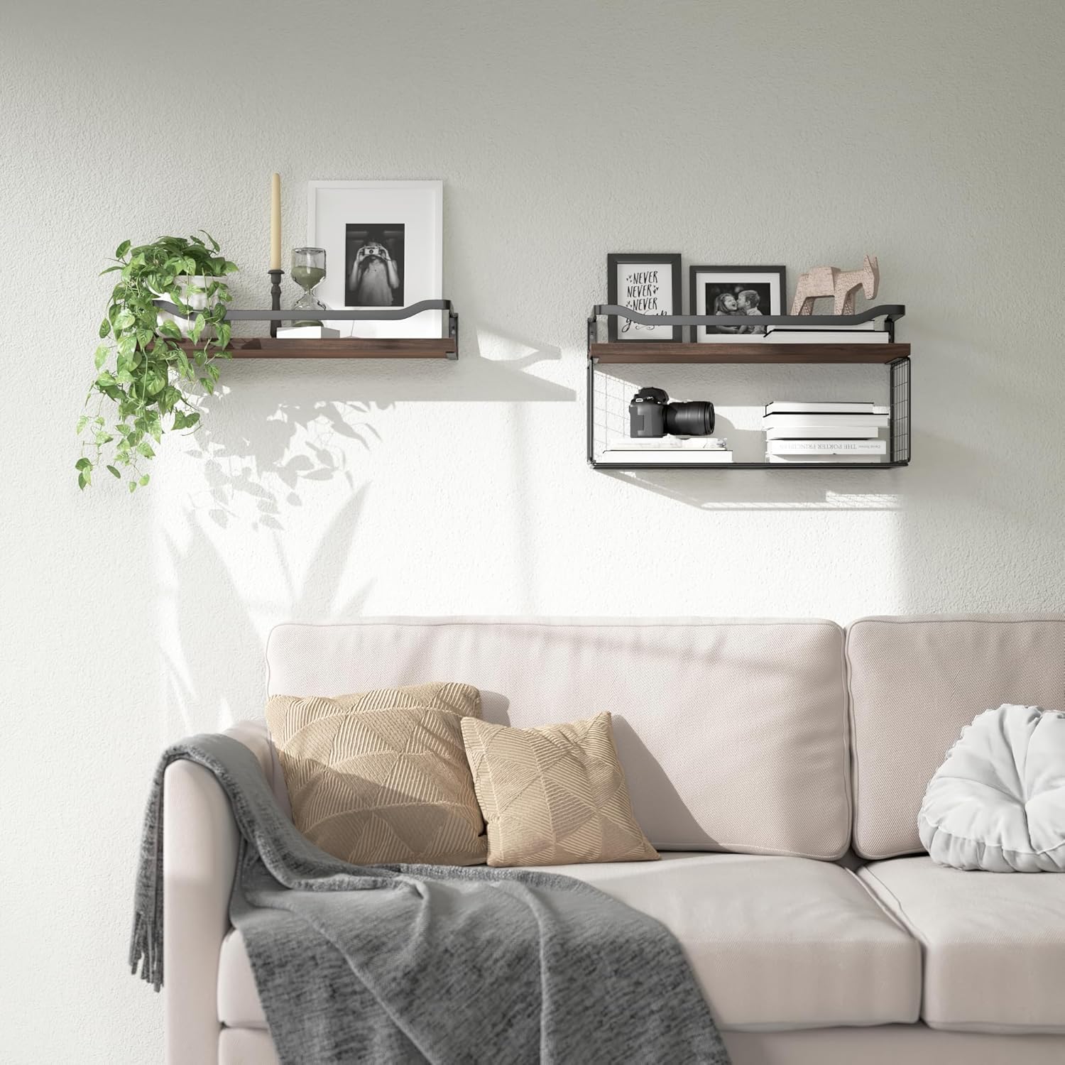 WOPITUES Floating Shelves with Wire Basket and Guardrail - Dark Brown