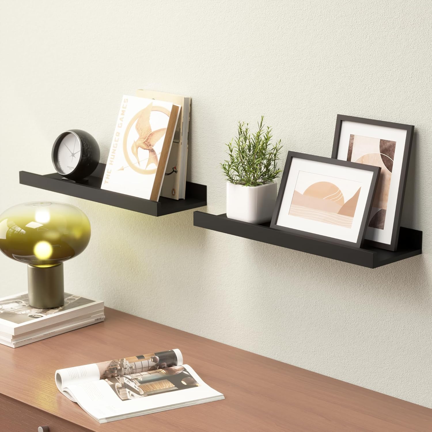 Boswillon Floating Shelves Set of 2 Modern Black Wall Shelves with Lip 1