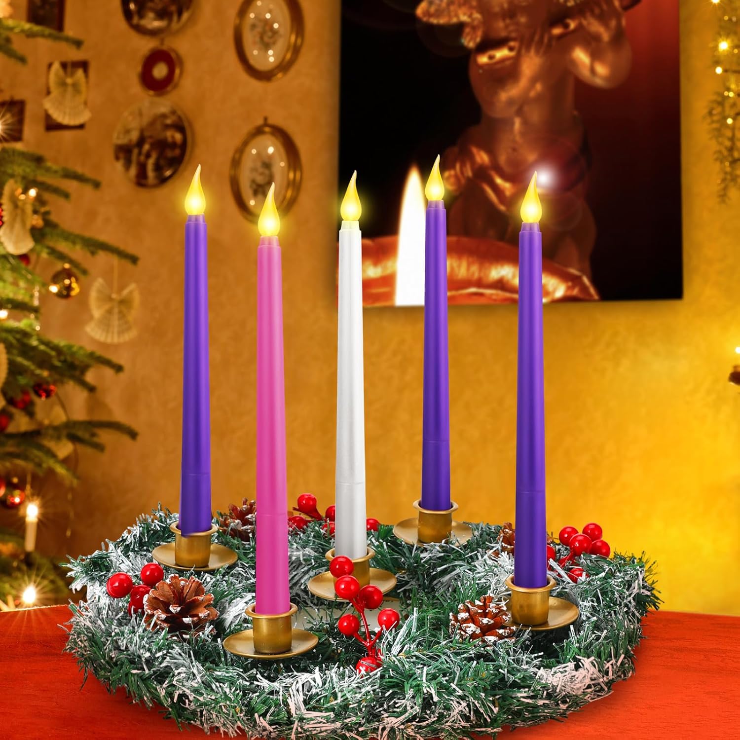 Tioncy 12 Inch Christmas Advent Wreath with 5 Flameless Candles 1