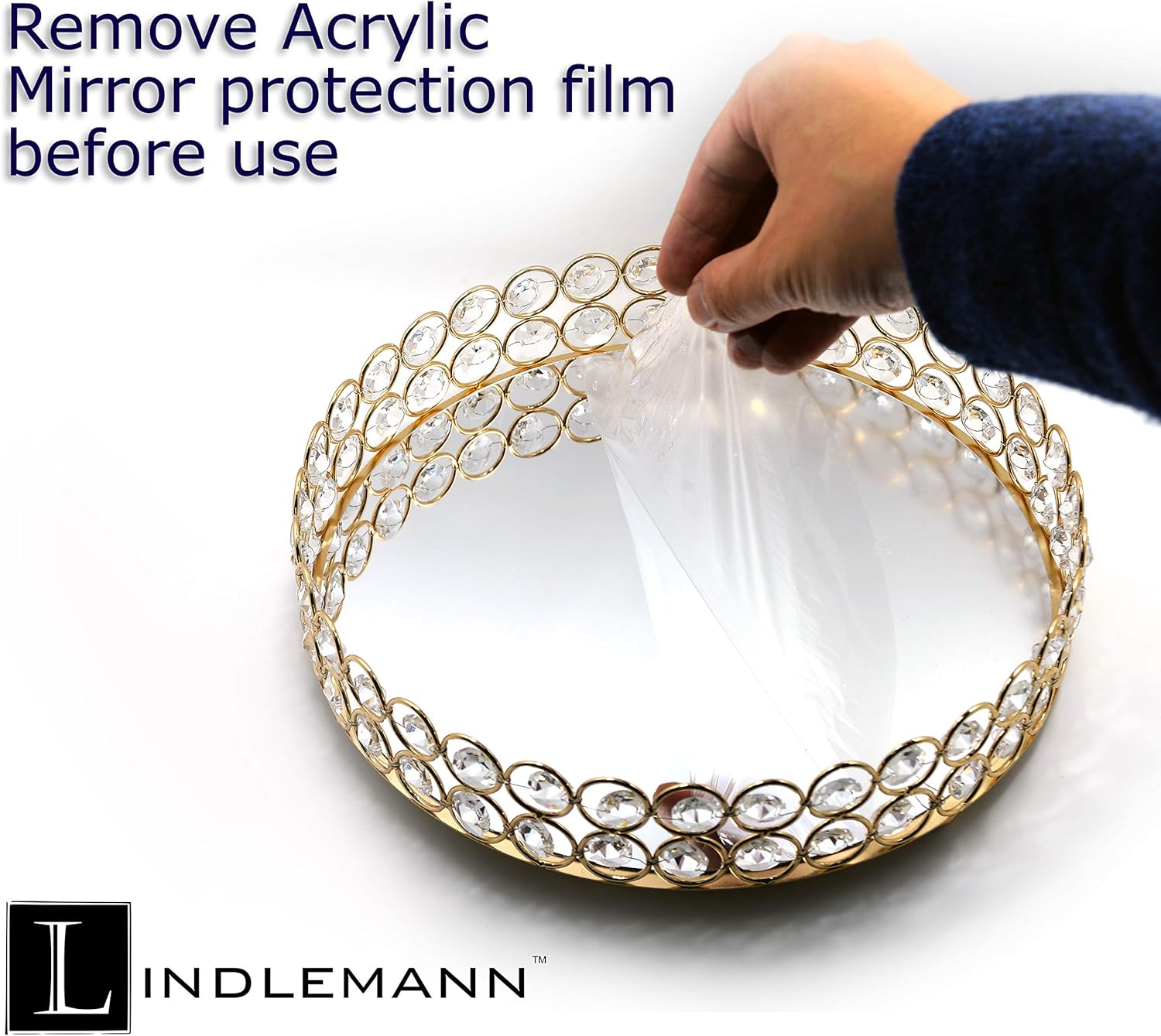 LINDLEMANN Crystal Perfume Organizer Tray 10in Gold Round