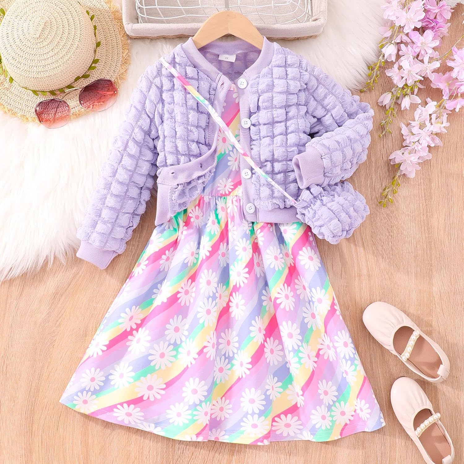 Toddler Girls Floral Print Coats Dress 3PCS Winter Outfit Set