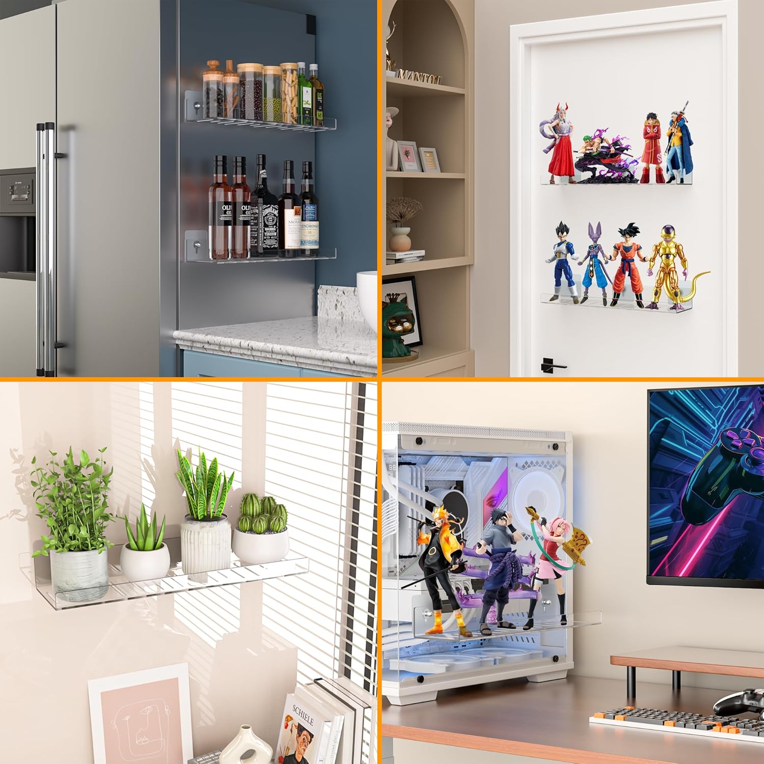 4-Pack Floating Shelves Wall Storage with Adhesive Hooks
