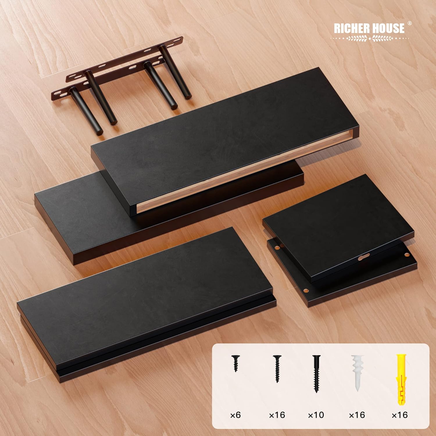 RICHER HOUSE 3 Piece Black Floating Shelves Set