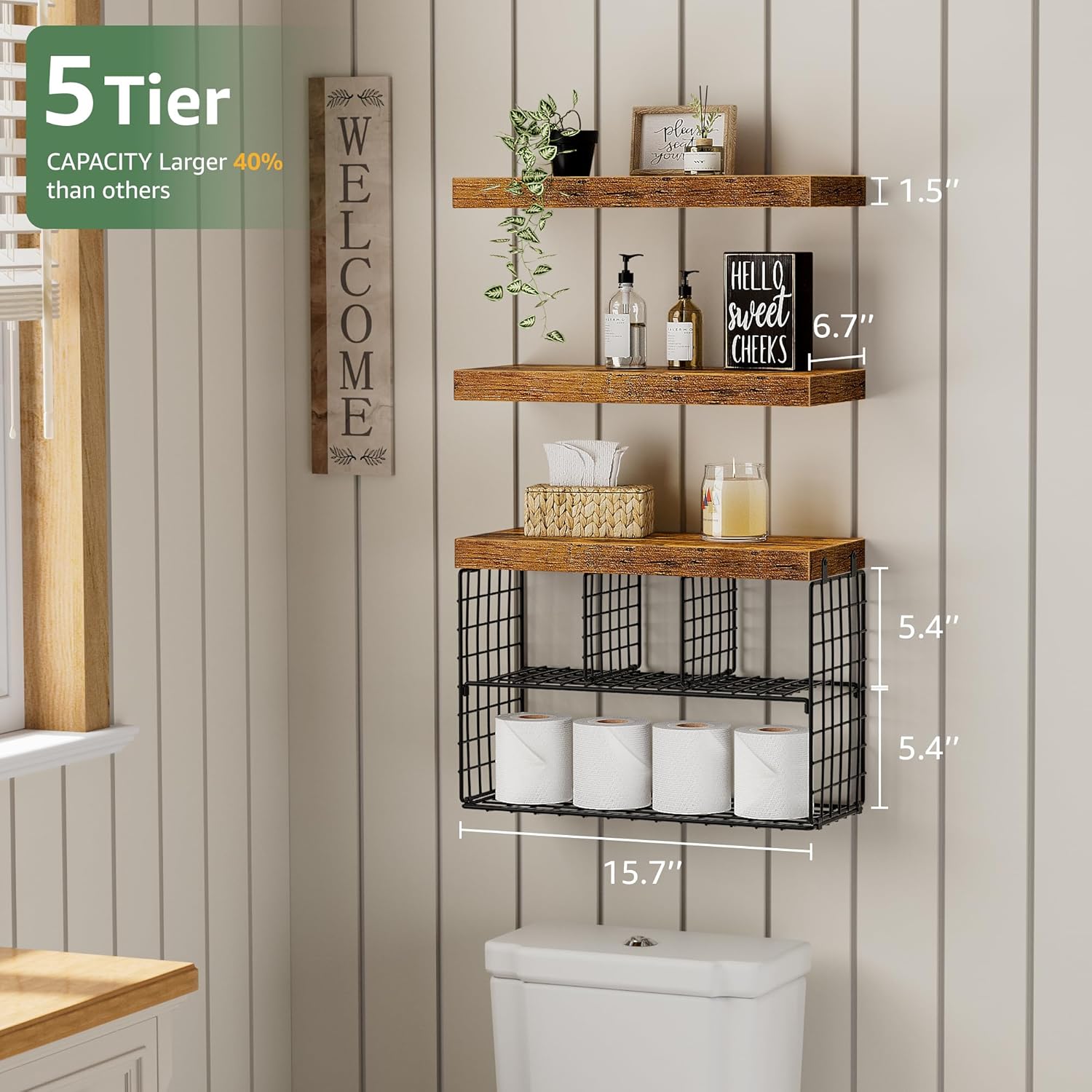 KLUVIS Floating Shelves Set of 3 Rustic Brown 1
