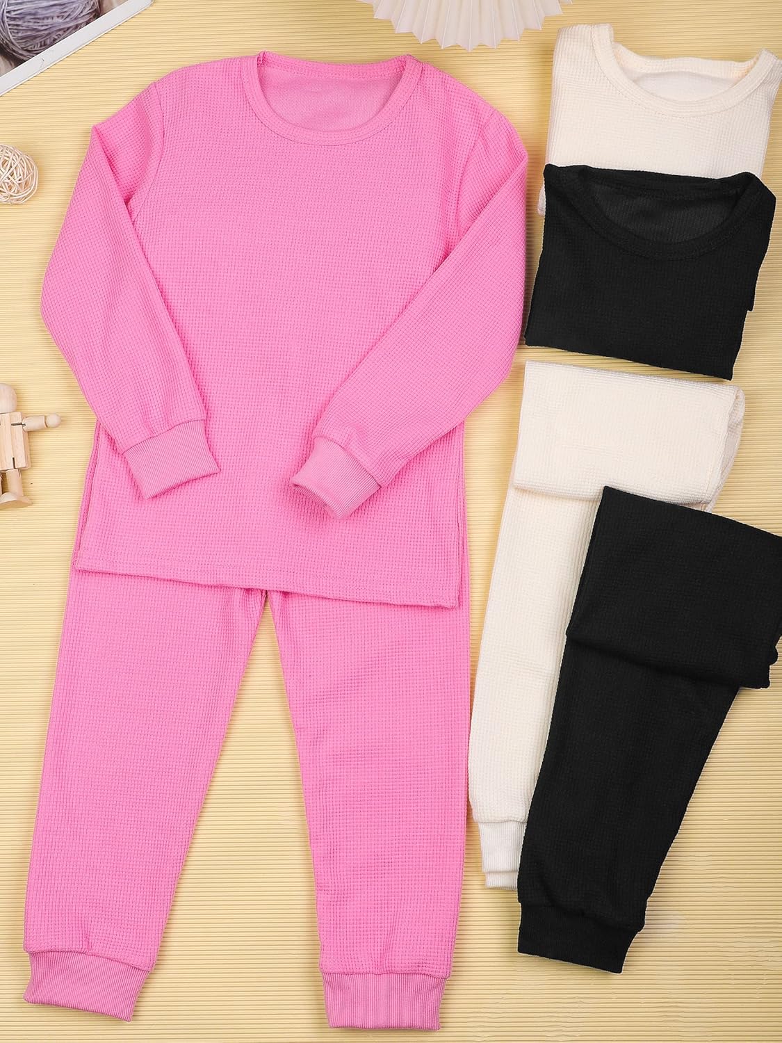 Resinta 3 Sets Girl Waffle Thermal Underwear Winter Warm Base Layer Set