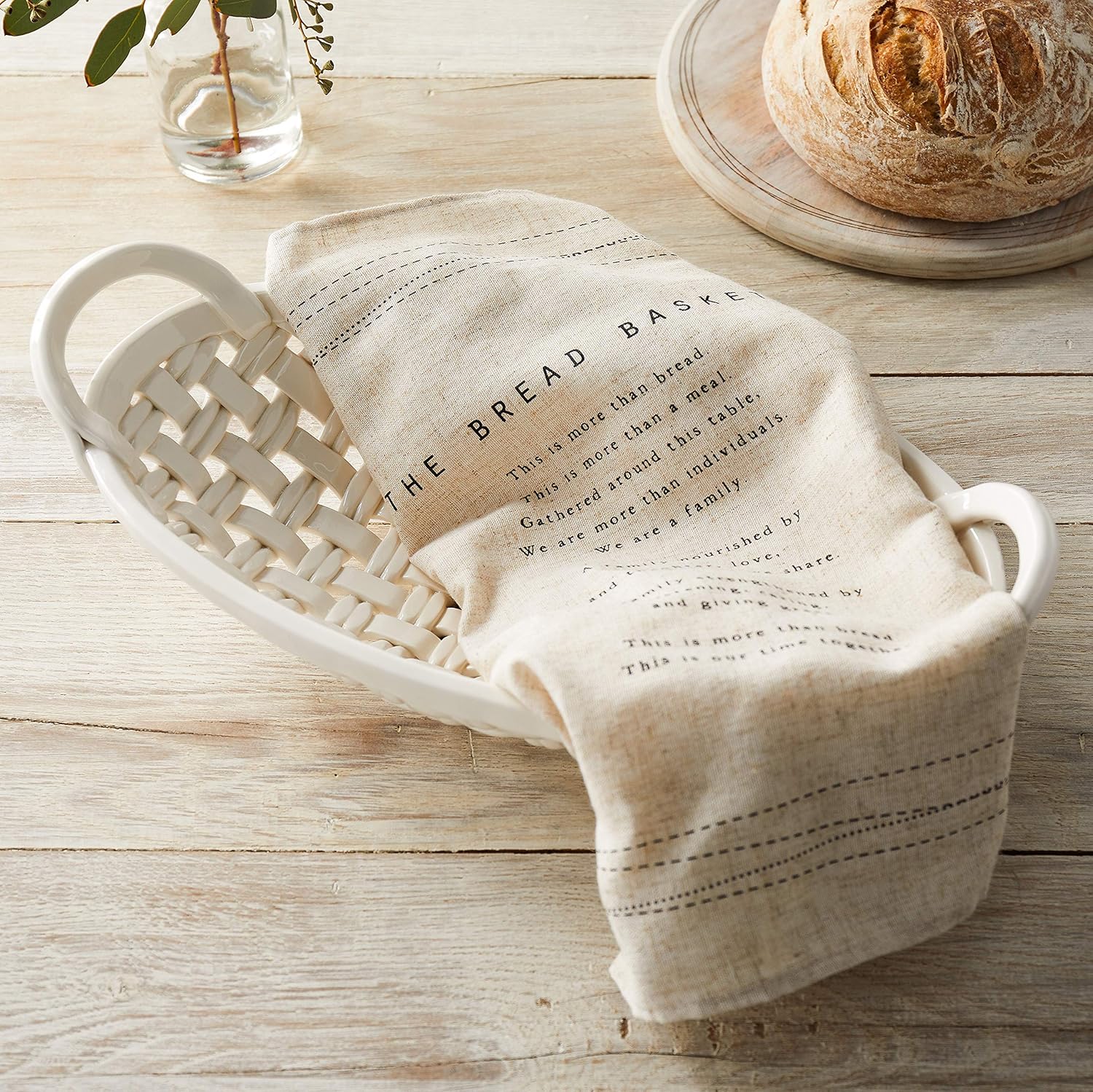 DEMDACO White Bread Basket Ceramic Decorative Bowl With Towel