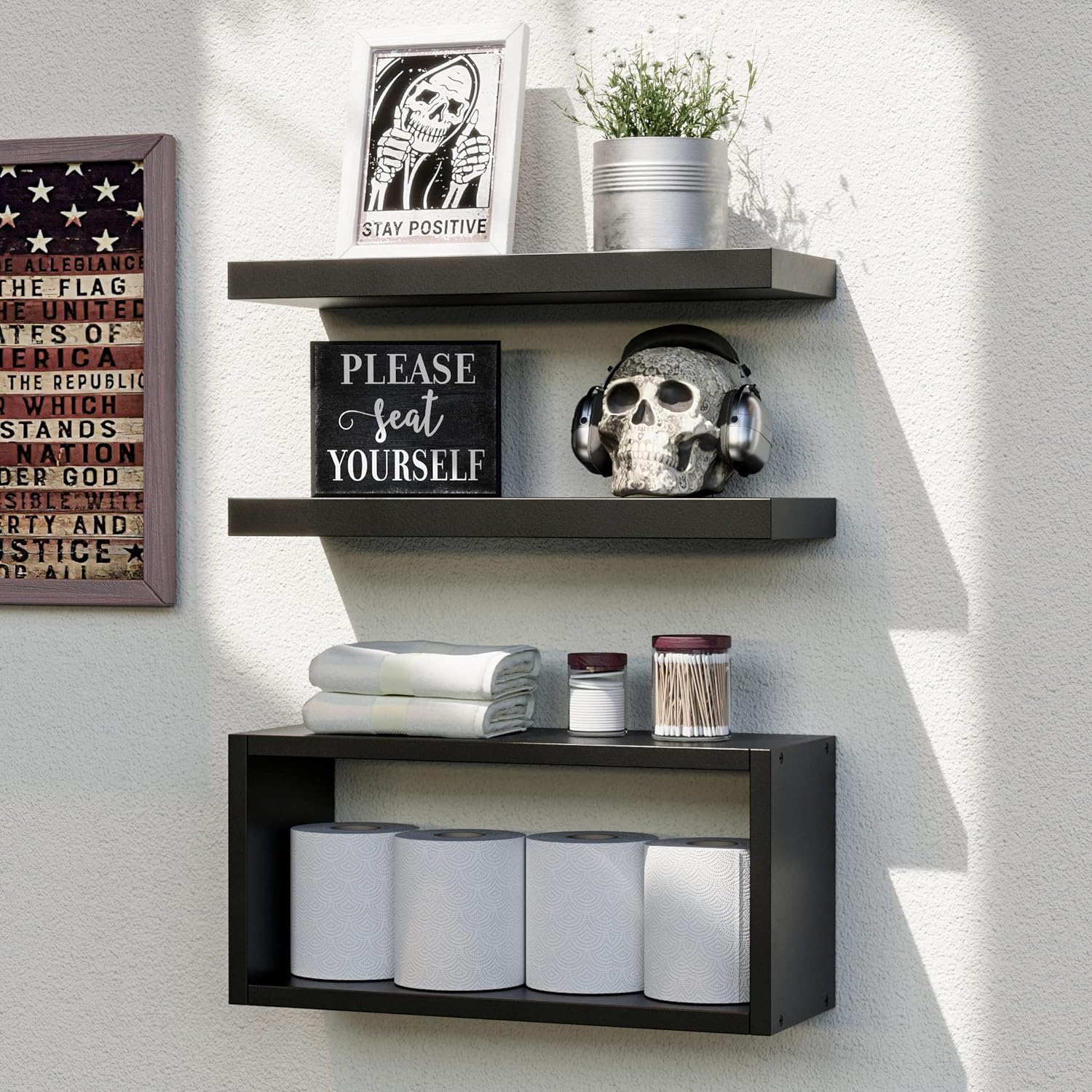 RICHER HOUSE 3 Piece Black Floating Shelves Set