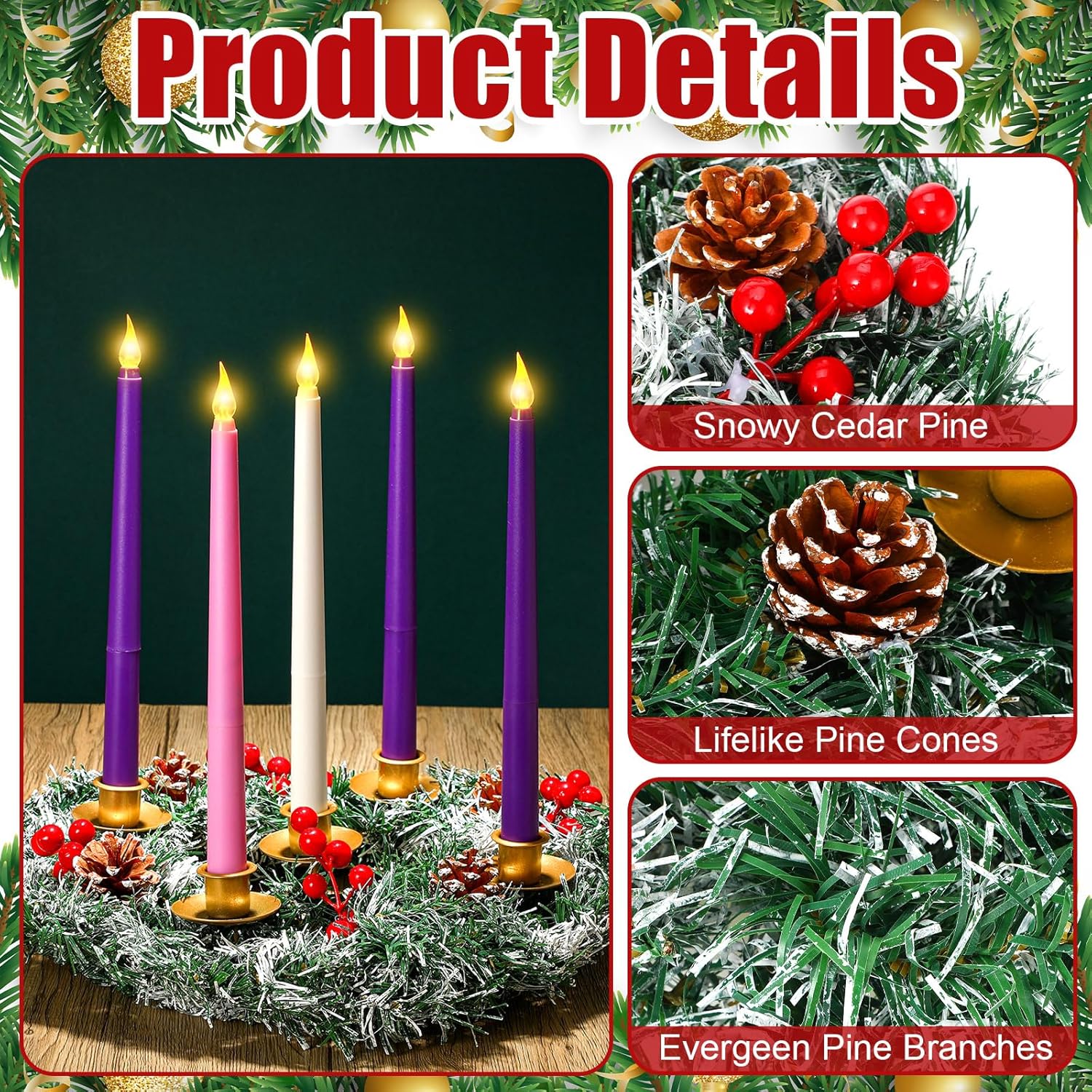 Tioncy 12 Inch Christmas Advent Wreath with 5 Flameless Candles 1