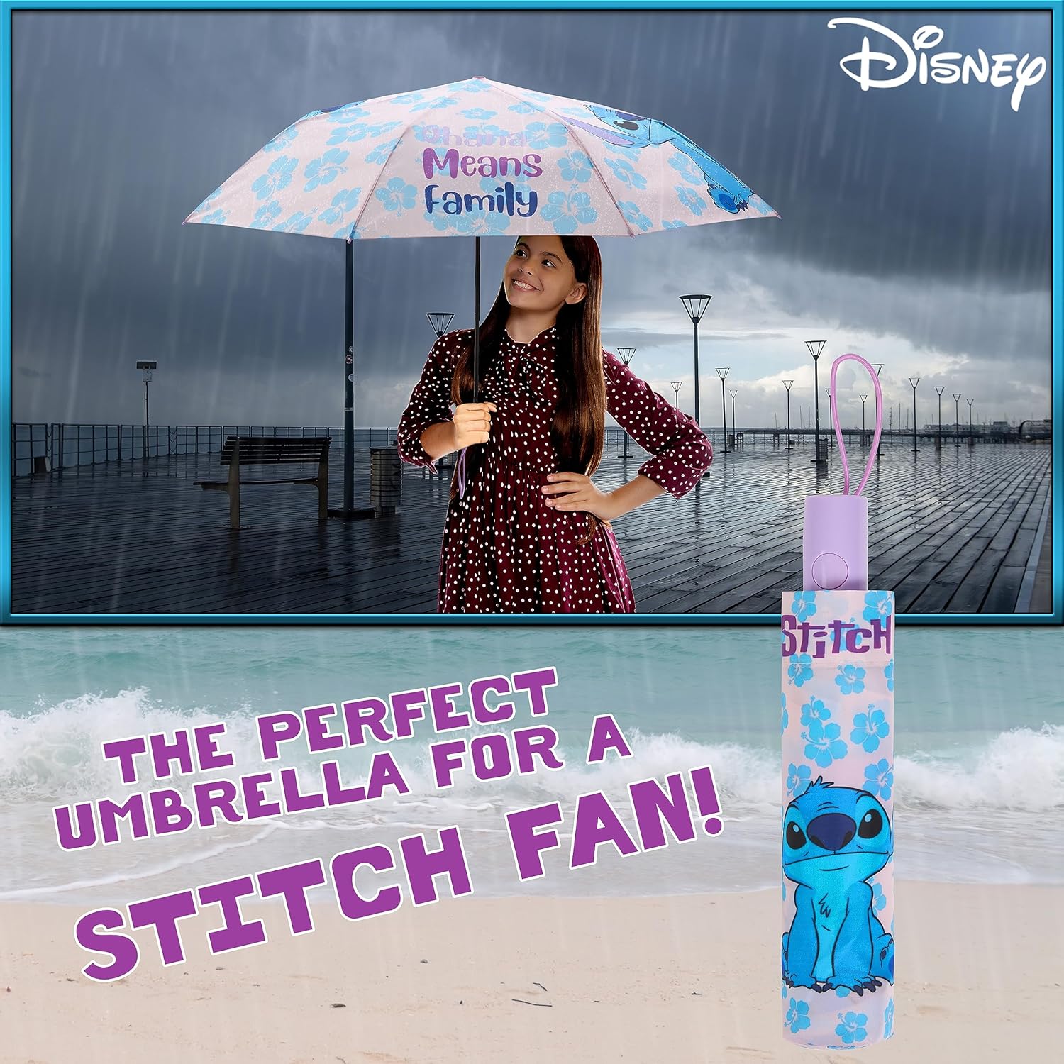 Disney Stitch Folding Umbrella - Lightweight Telescopic for Travel