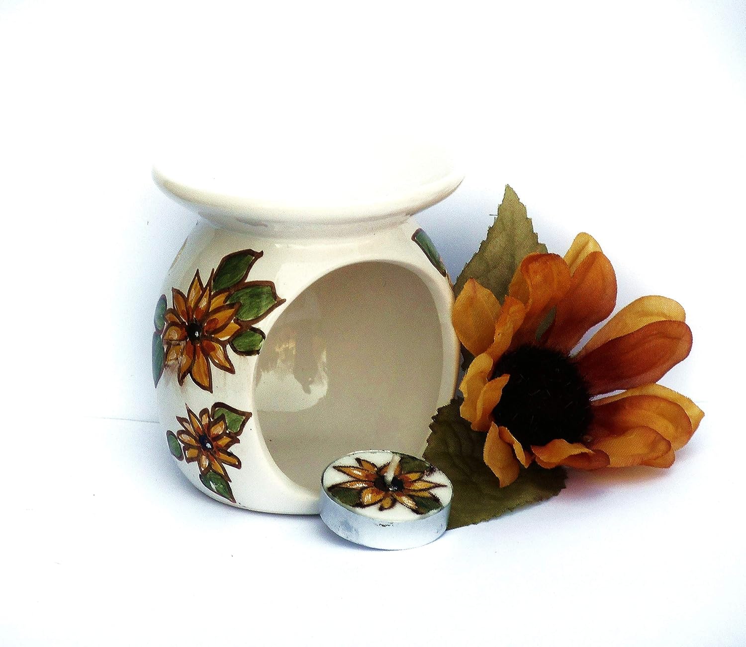 Hand Painted Yellow Sunflowers Candle and Oil Warmer Set 1
