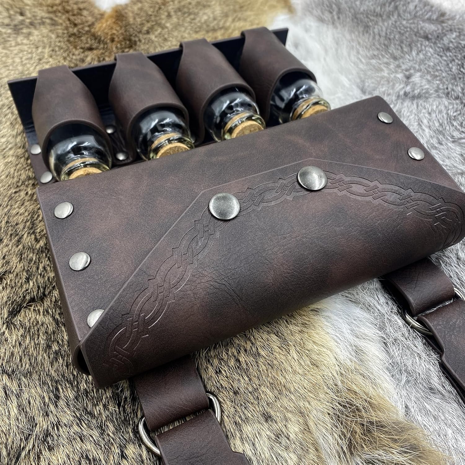 HiiFeuer Medieval Alchemy Belt Bag with 4 Cork Vials - Brown