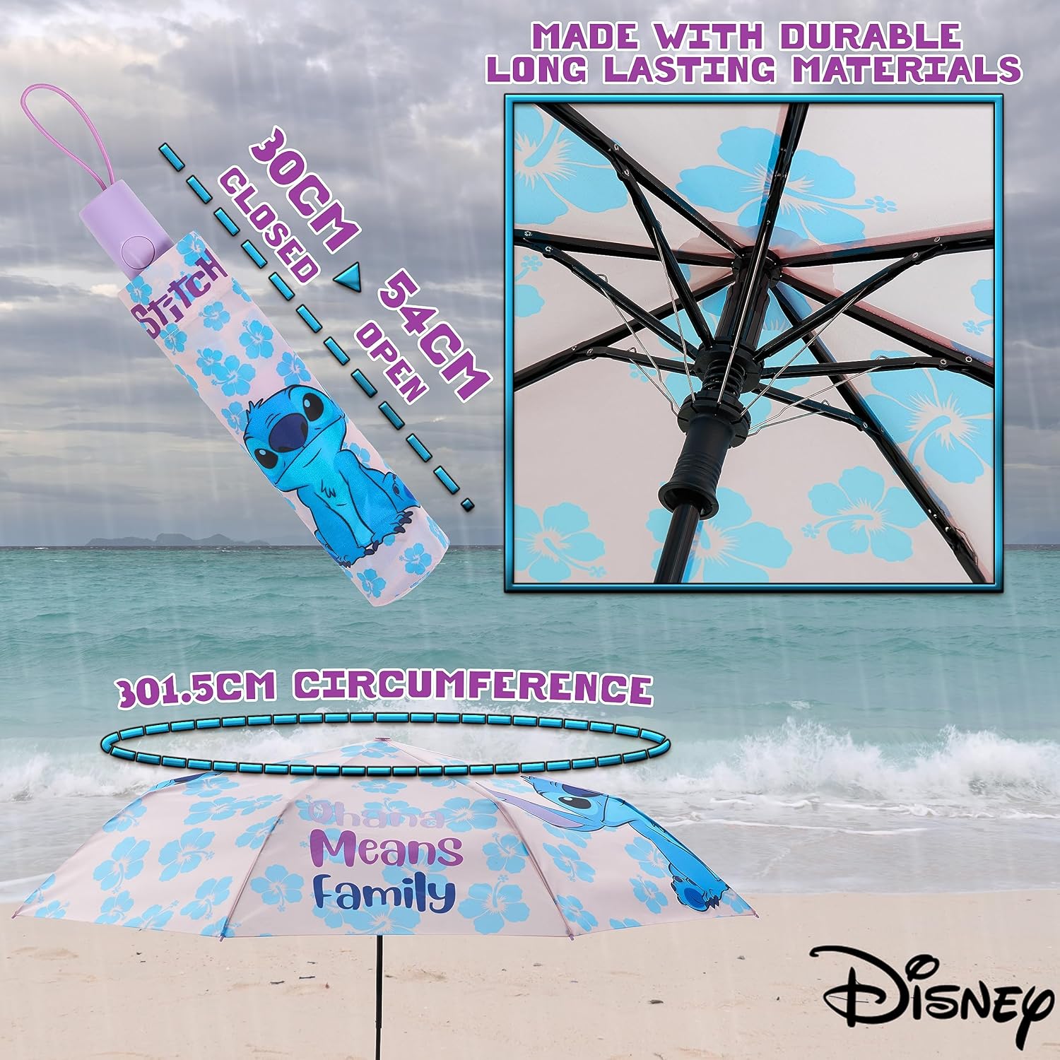 Disney Stitch Folding Umbrella - Lightweight Telescopic for Travel