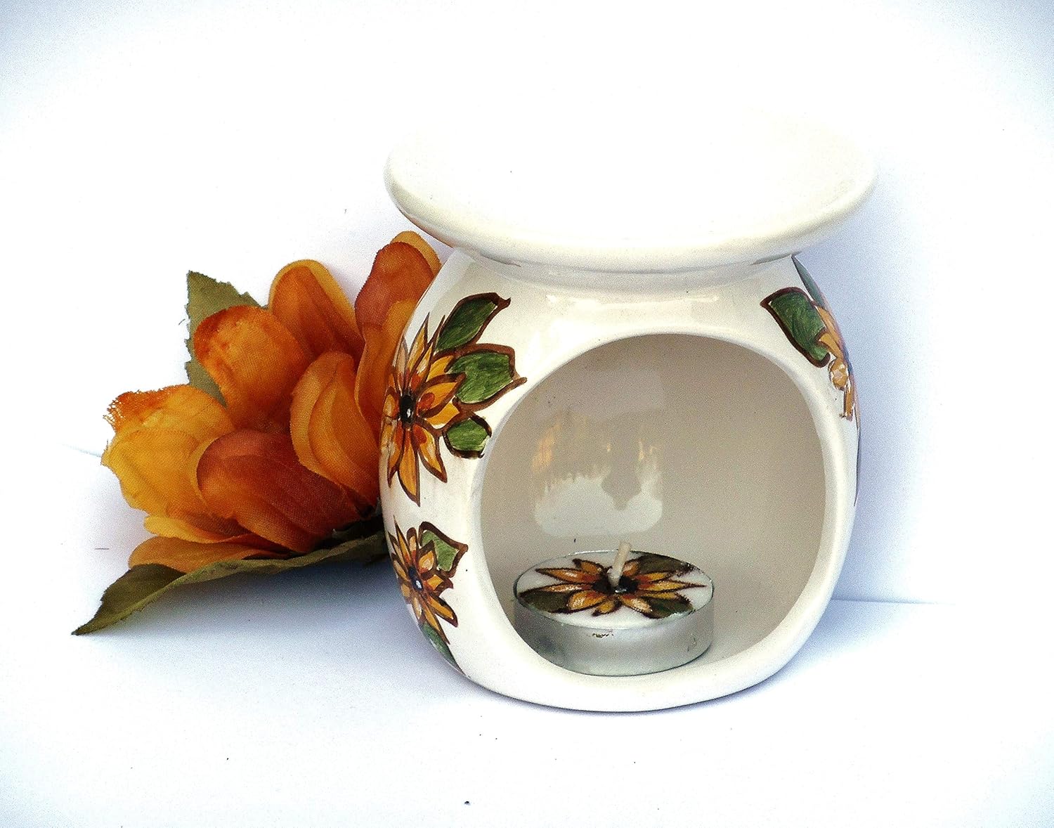 Hand Painted Yellow Sunflowers Candle and Oil Warmer Set 1