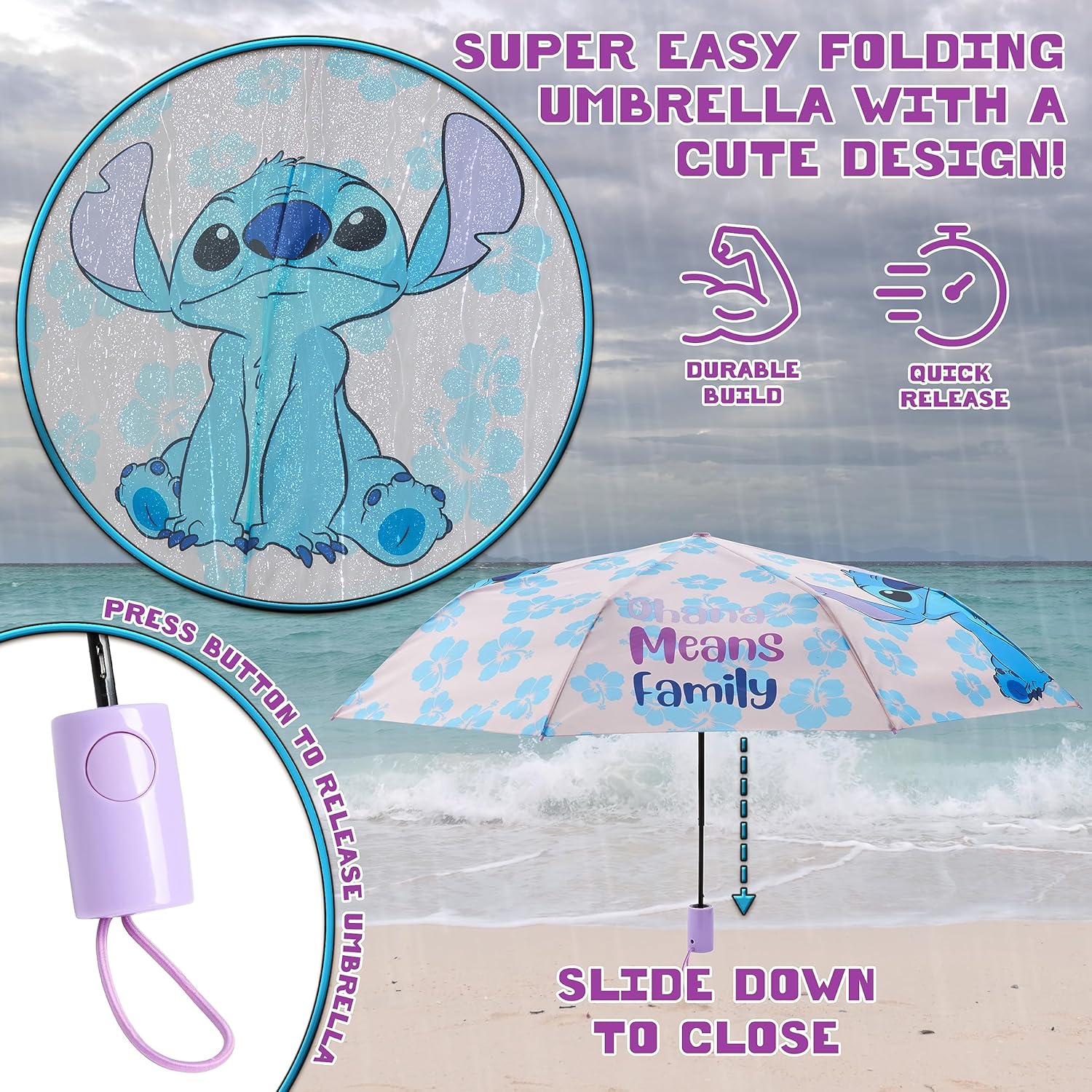 Disney Stitch Folding Umbrella - Lightweight Telescopic for Travel