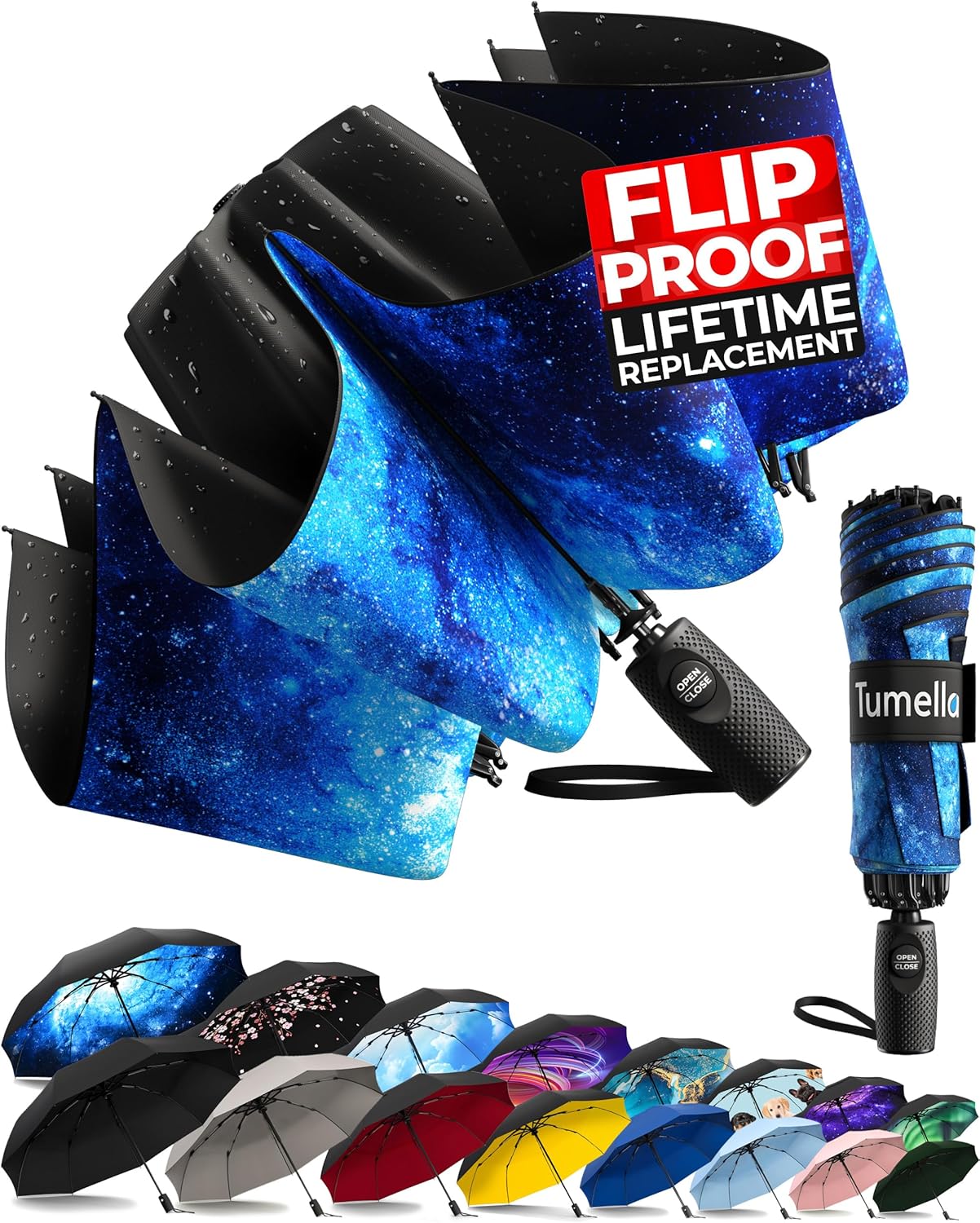 TUMELLA Flip-proof Inverted Travel Umbrella 46
