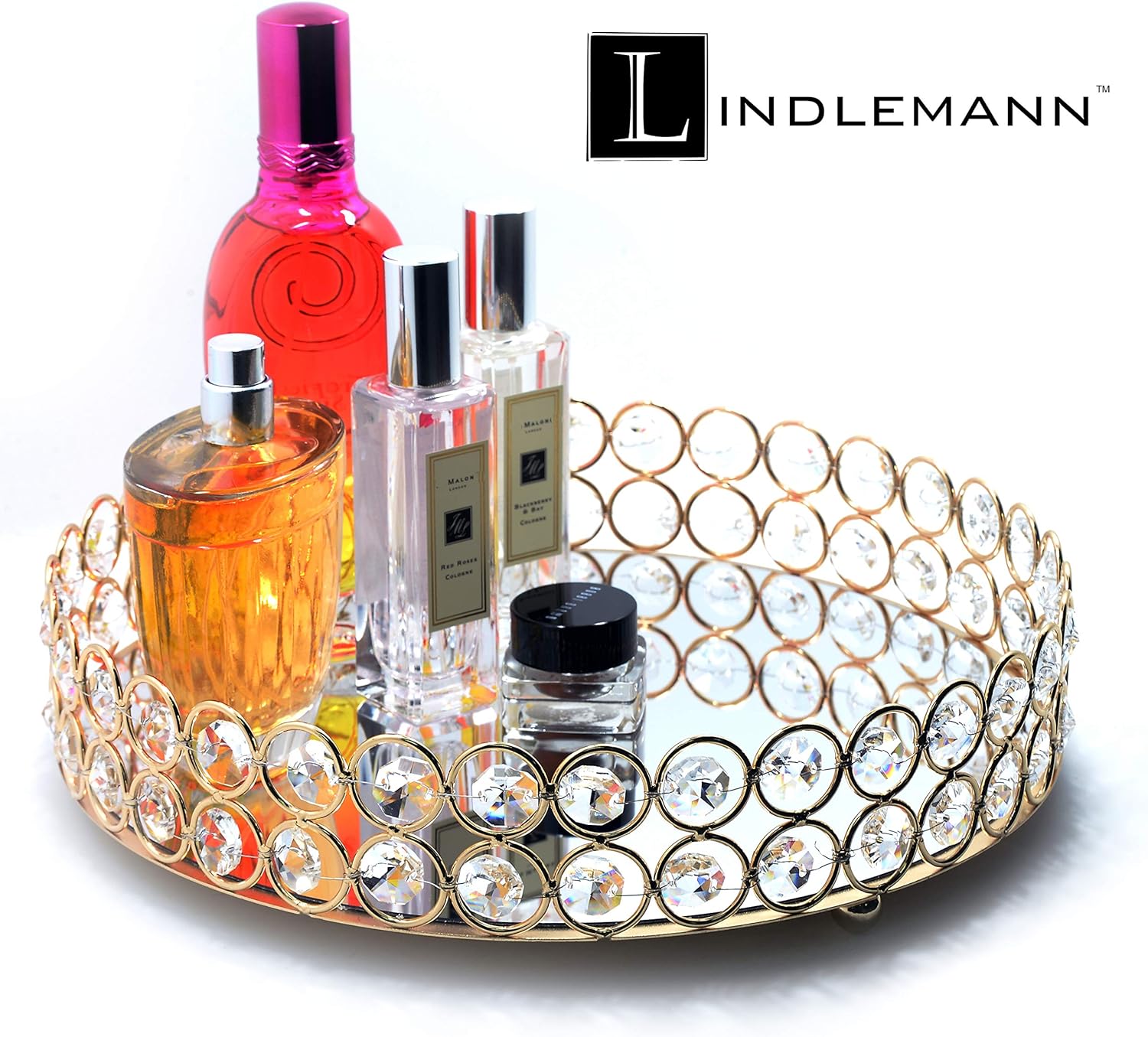 LINDLEMANN Crystal Perfume Organizer Tray 10in Gold Round