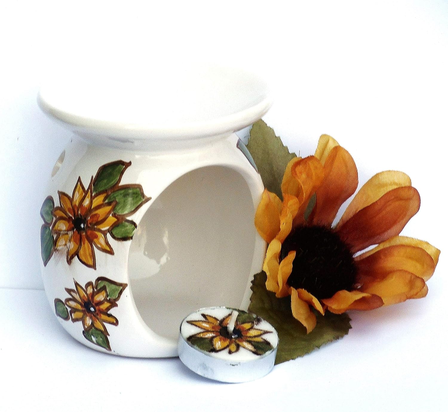 Hand Painted Yellow Sunflowers Candle and Oil Warmer Set 1