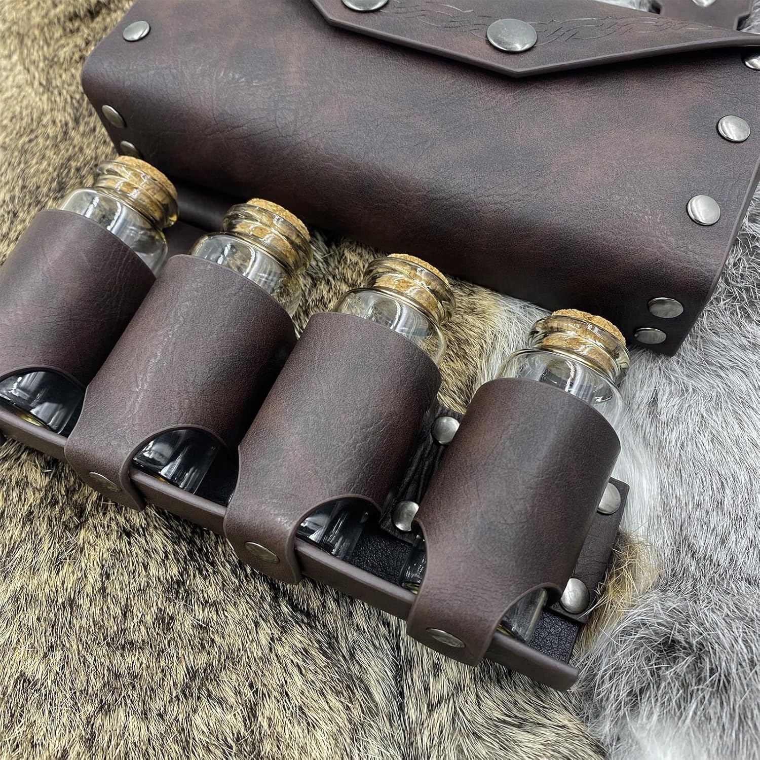HiiFeuer Medieval Alchemy Belt Bag with 4 Cork Vials - Brown